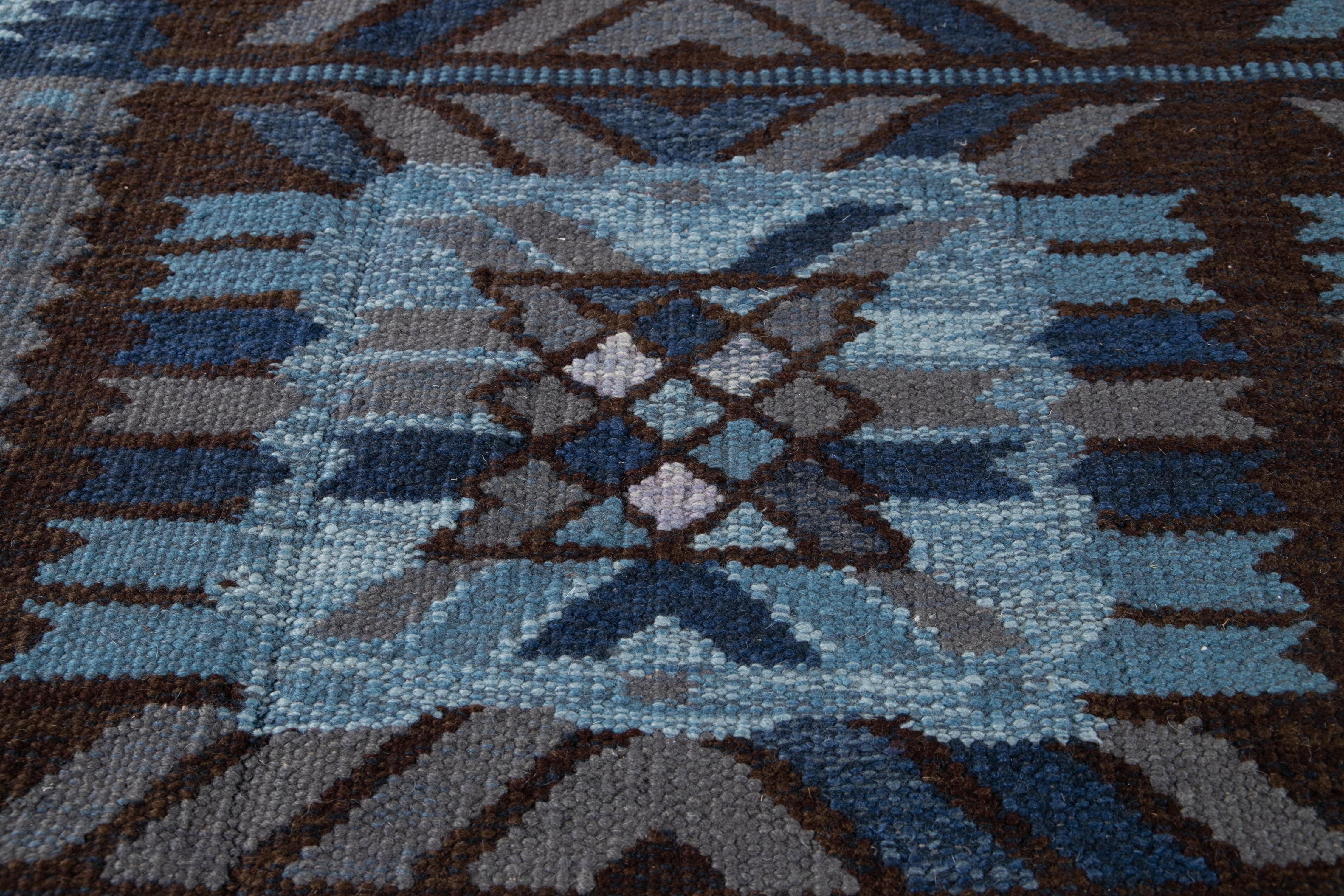 21st Century Blue Modern Swedish Style Wool Rug For Sale 2