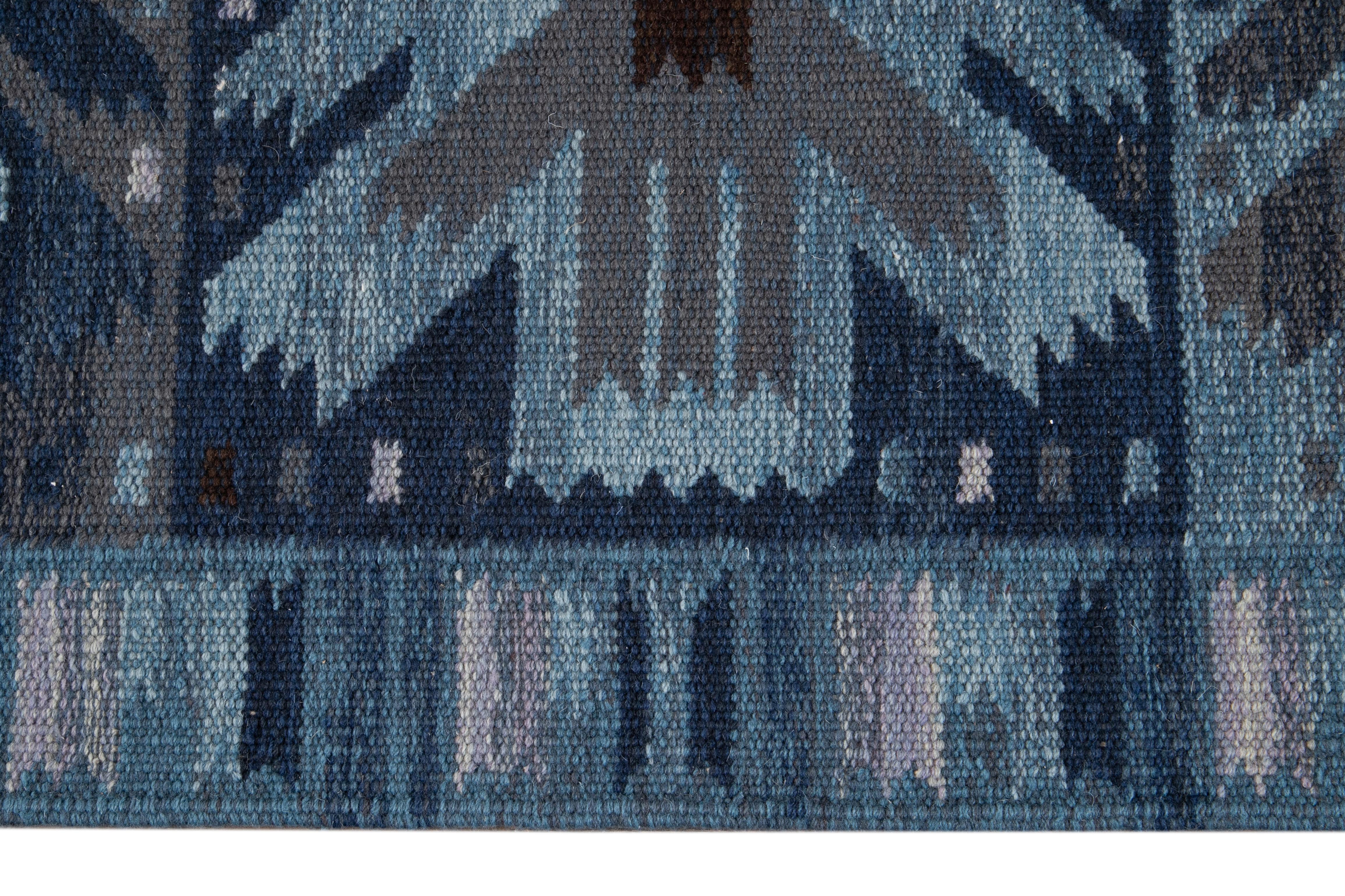 21st Century Blue Modern Swedish Style Wool Rug For Sale 3
