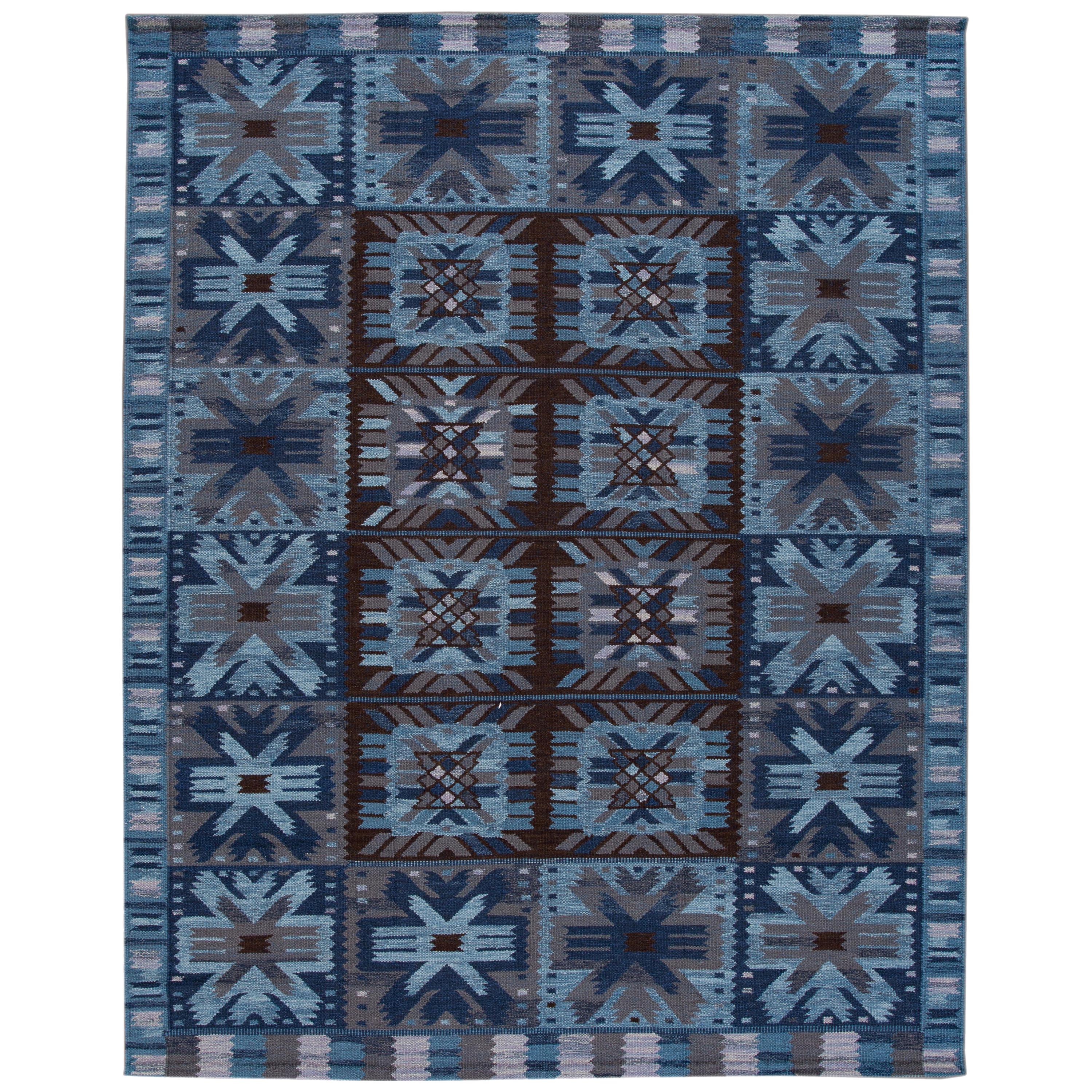 21st Century Blue Modern Swedish Style Wool Rug For Sale