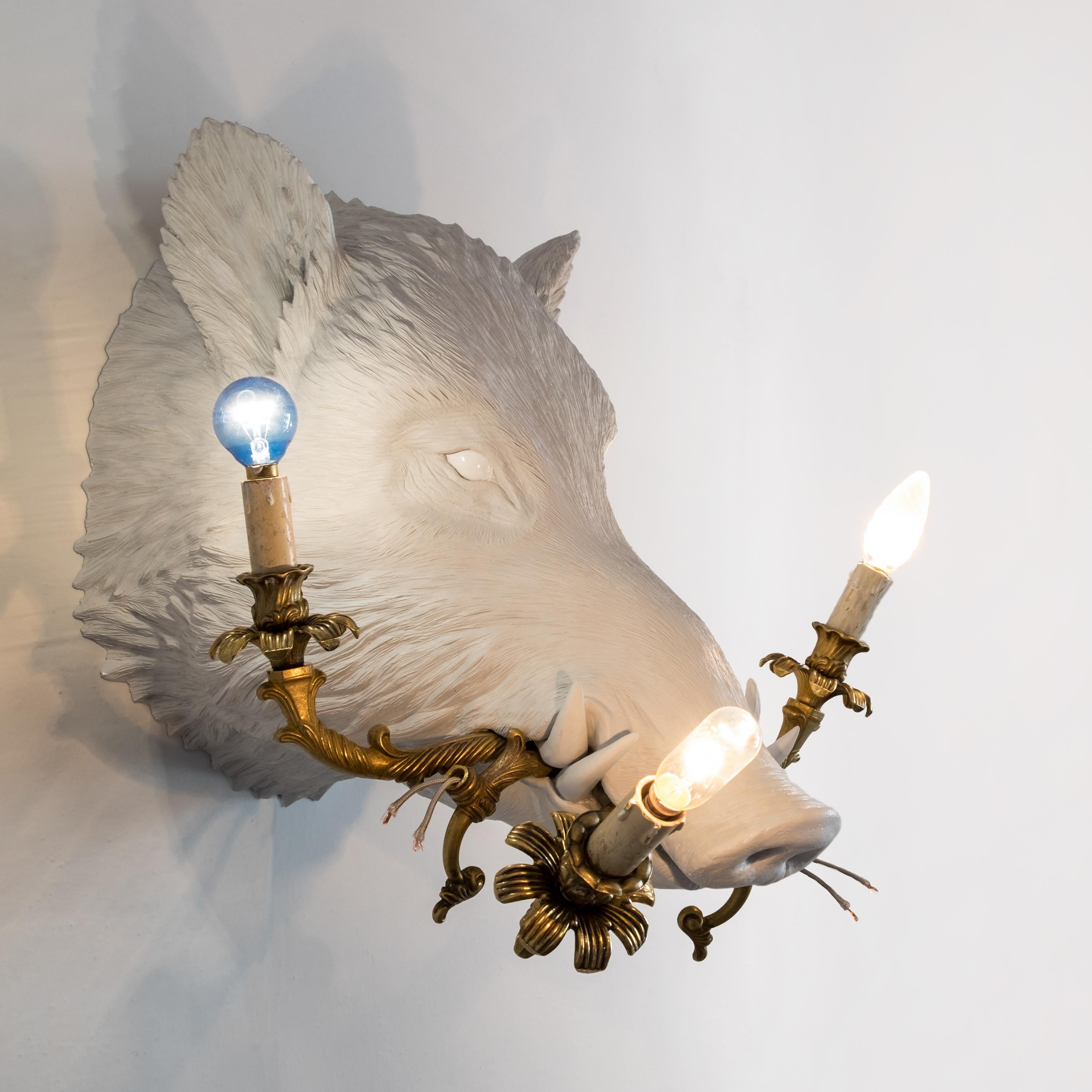 Modern 21st Century Boar Lamp Light by Marcantonio, White Painted Fiberglass Resin For Sale