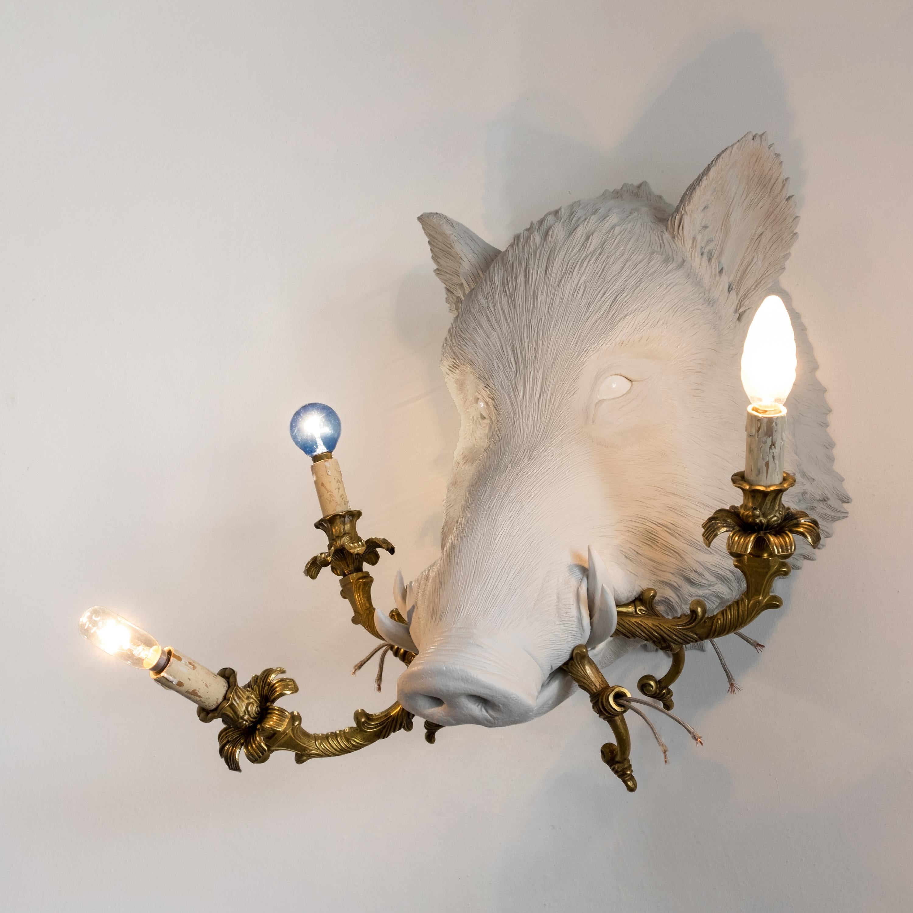 Italian 21st Century Boar Lamp Light by Marcantonio, White Painted Fiberglass Resin For Sale