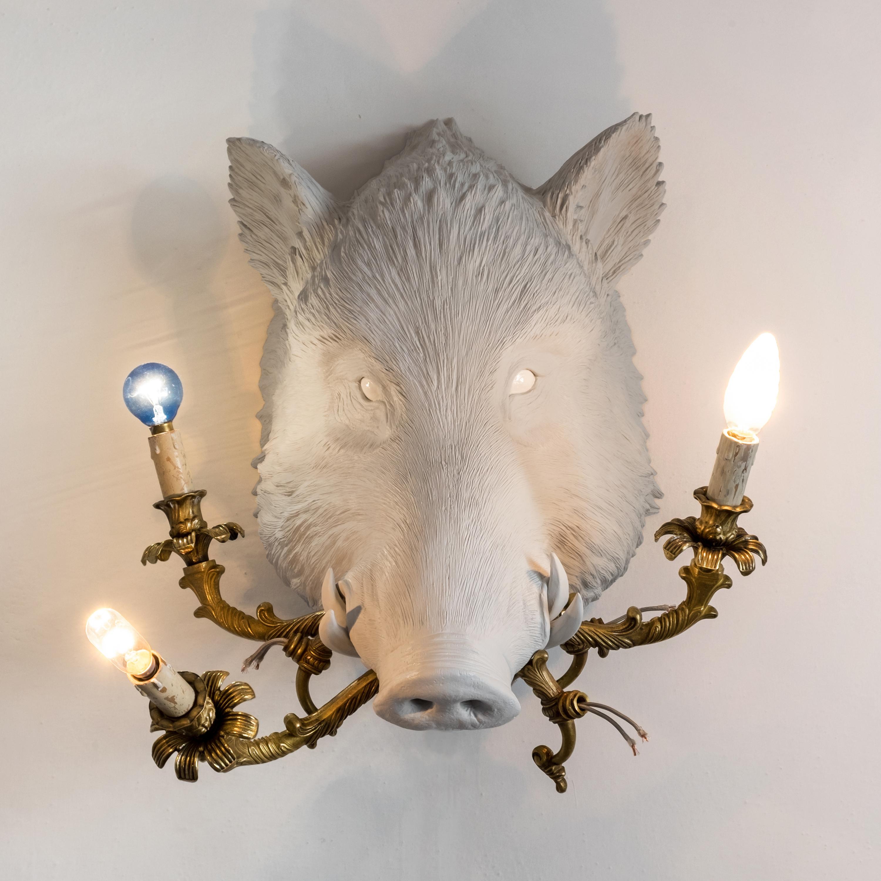 Contemporary 21st Century Boar Lamp Light by Marcantonio, White Painted Fiberglass Resin For Sale
