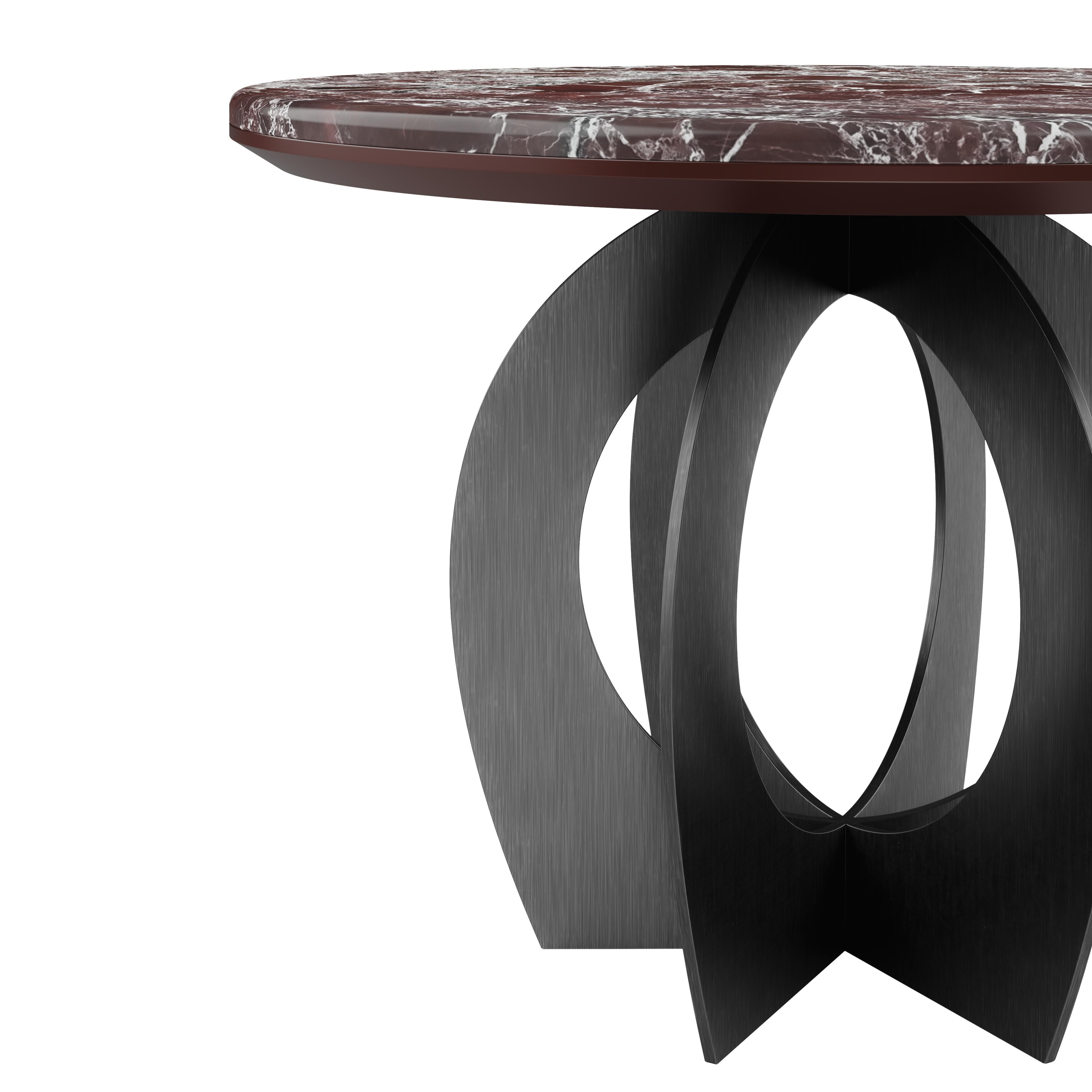 Brushed 21st Century Boulder Side Table Marble Steel Lacquered Wood Rosso Marble For Sale