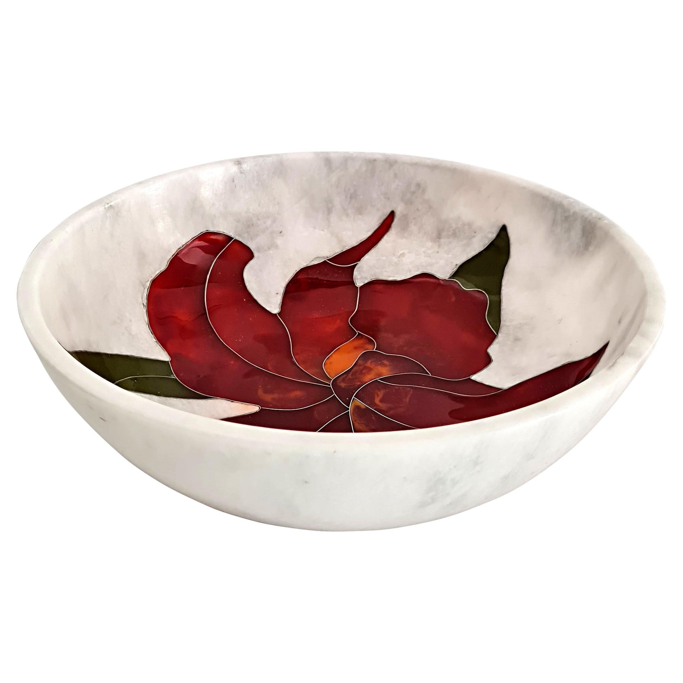 21st Century Decorative Bowl Resin Marble Inlay Mosaic Cloisonne White Red For Sale
