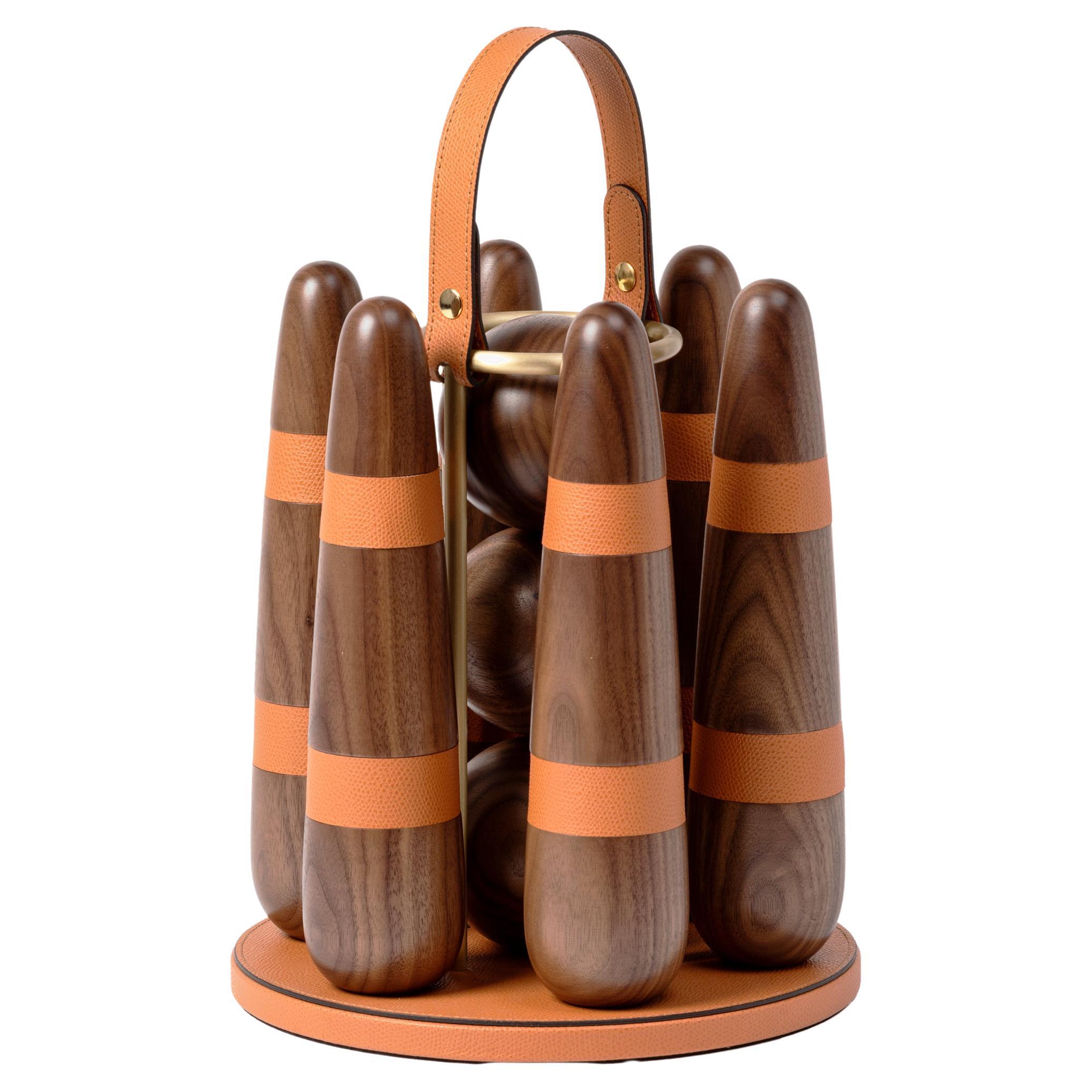 21st Century Bowling Game Set in Walnut Wood and Leather Handmade in Italy For Sale