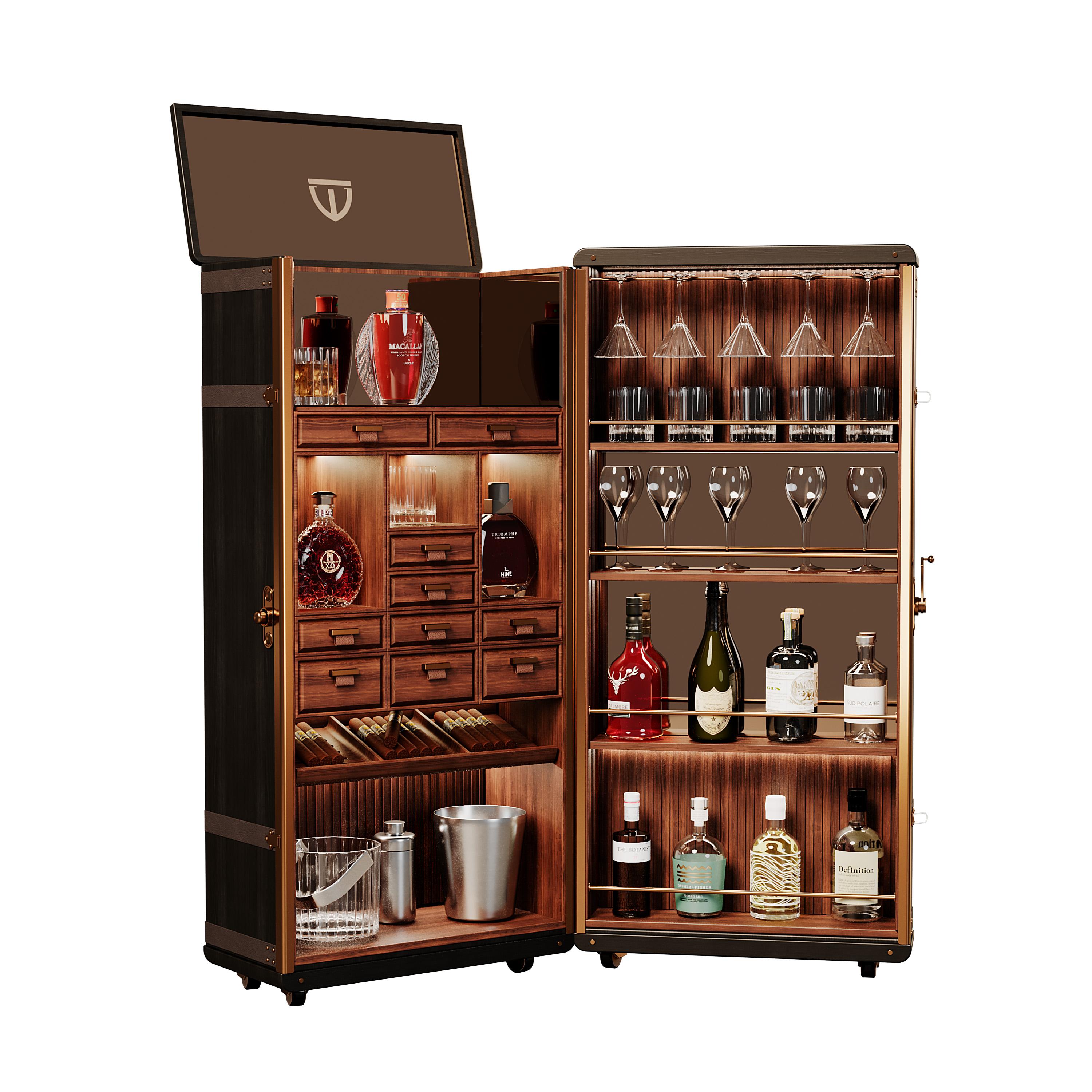 The Gentlemen’s Club distinguishes itself through its exclusive and singular environment. In order to achieve uniqueness, distinctive pieces are needed, and the Bowmore Bar Cabinet is a perfect example.
Wood Tailors turned a craftsmanship trunk