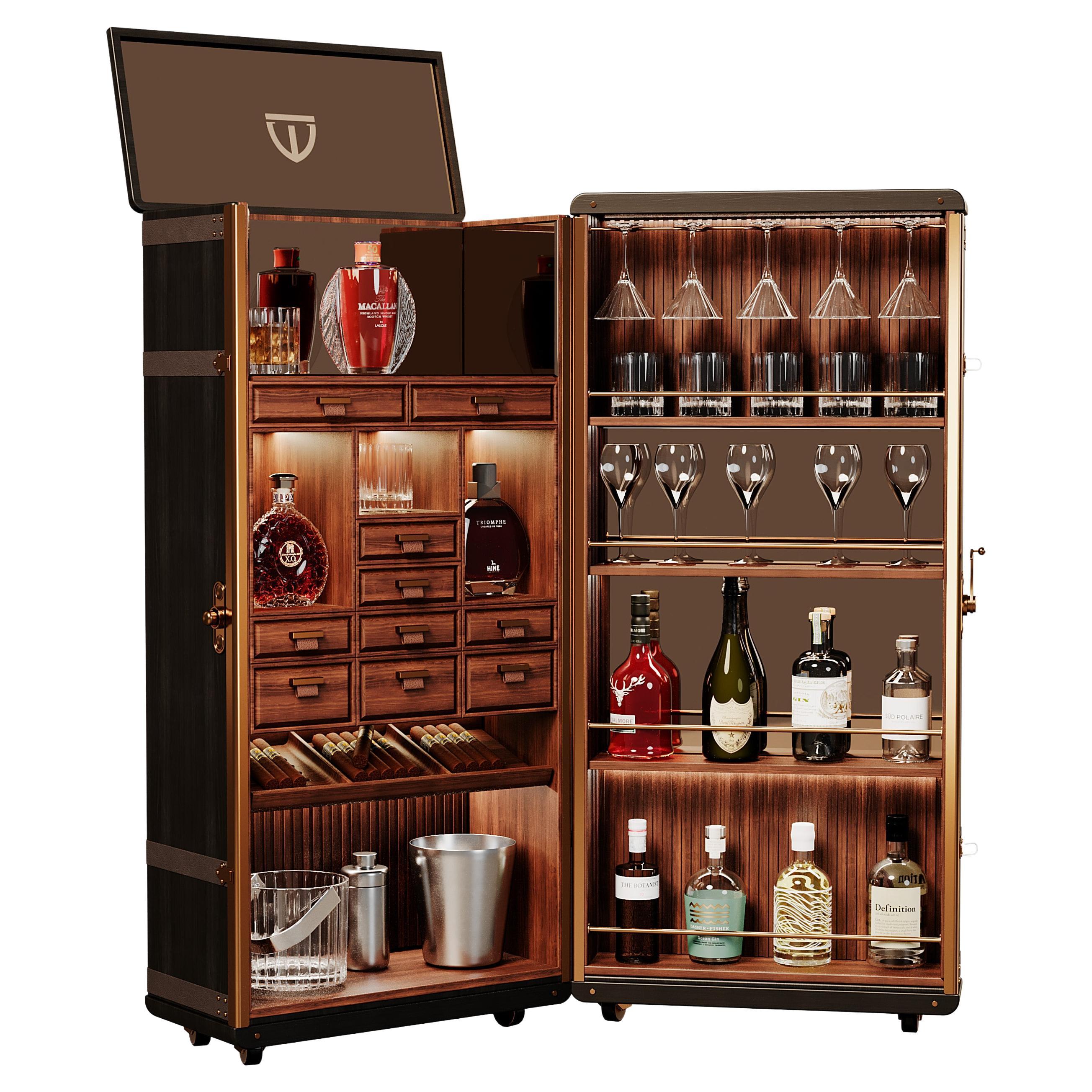 21st Century Bowmore Bar Cabinet Walnut Wood Leather For Sale