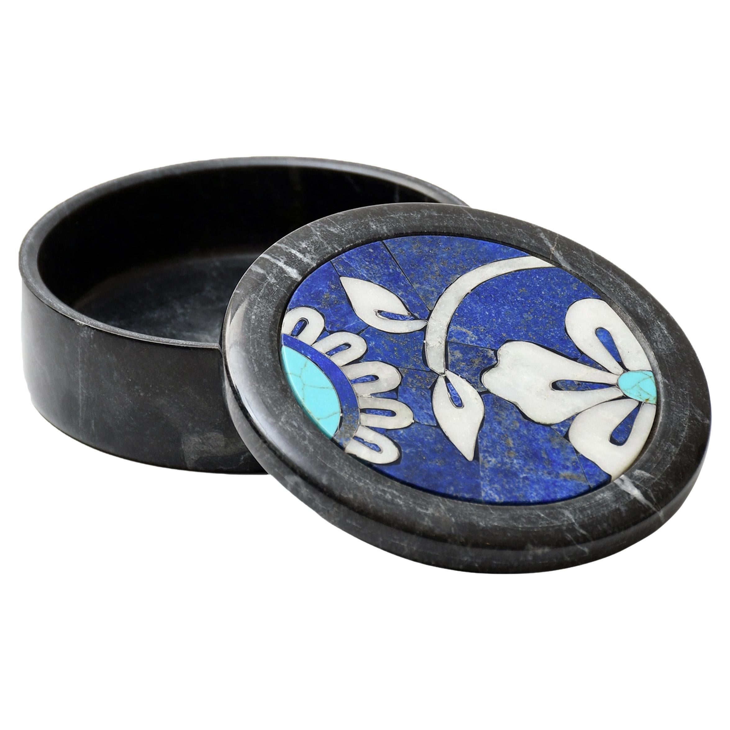21st Century Box Lapis Turquoise Marble Semi Precious Inlay Mosaic For Sale