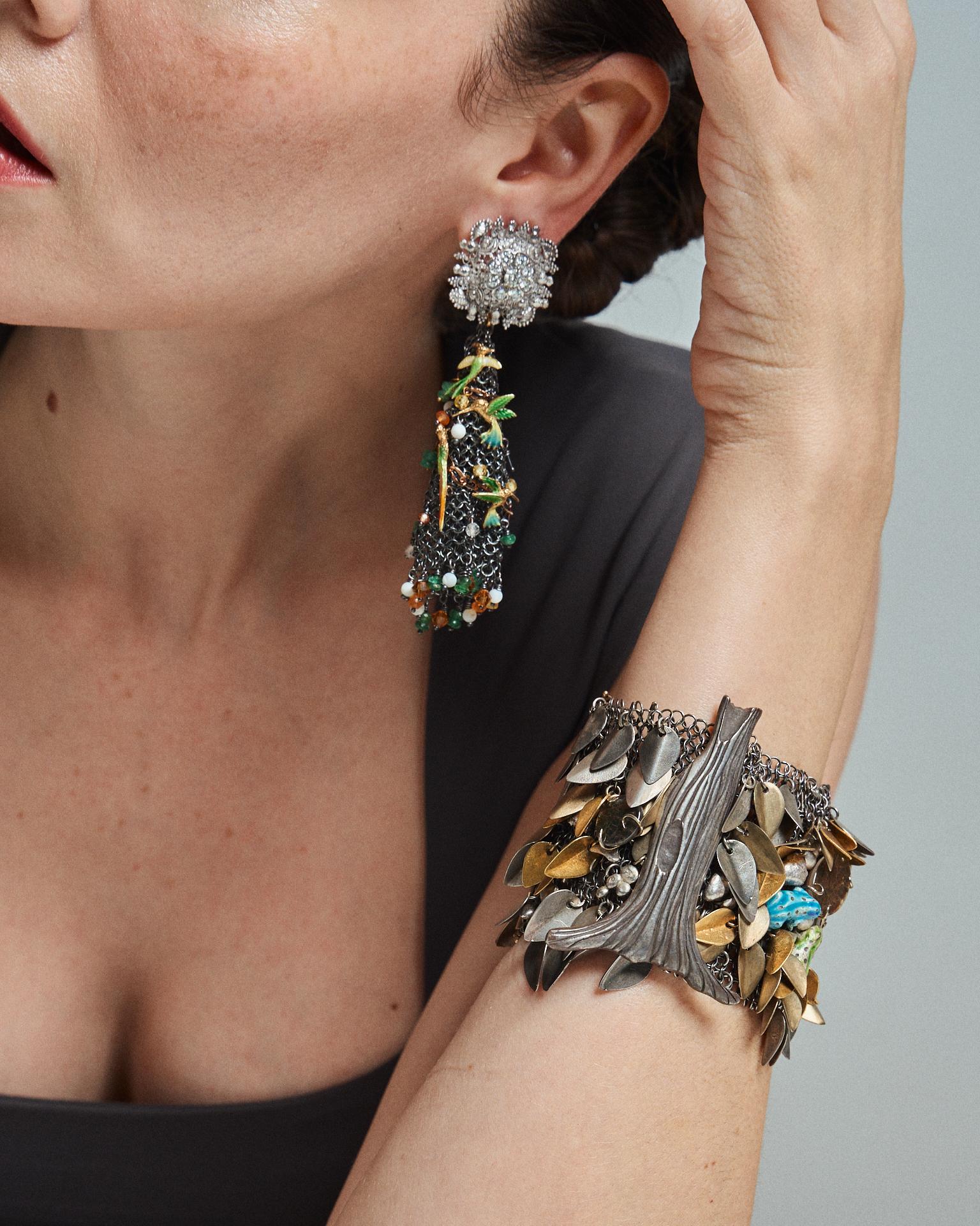 21st Century Bracelet Silver Mesh 18k Yellow Gold Ammolite Diamonds Frogs Leaves For Sale 7