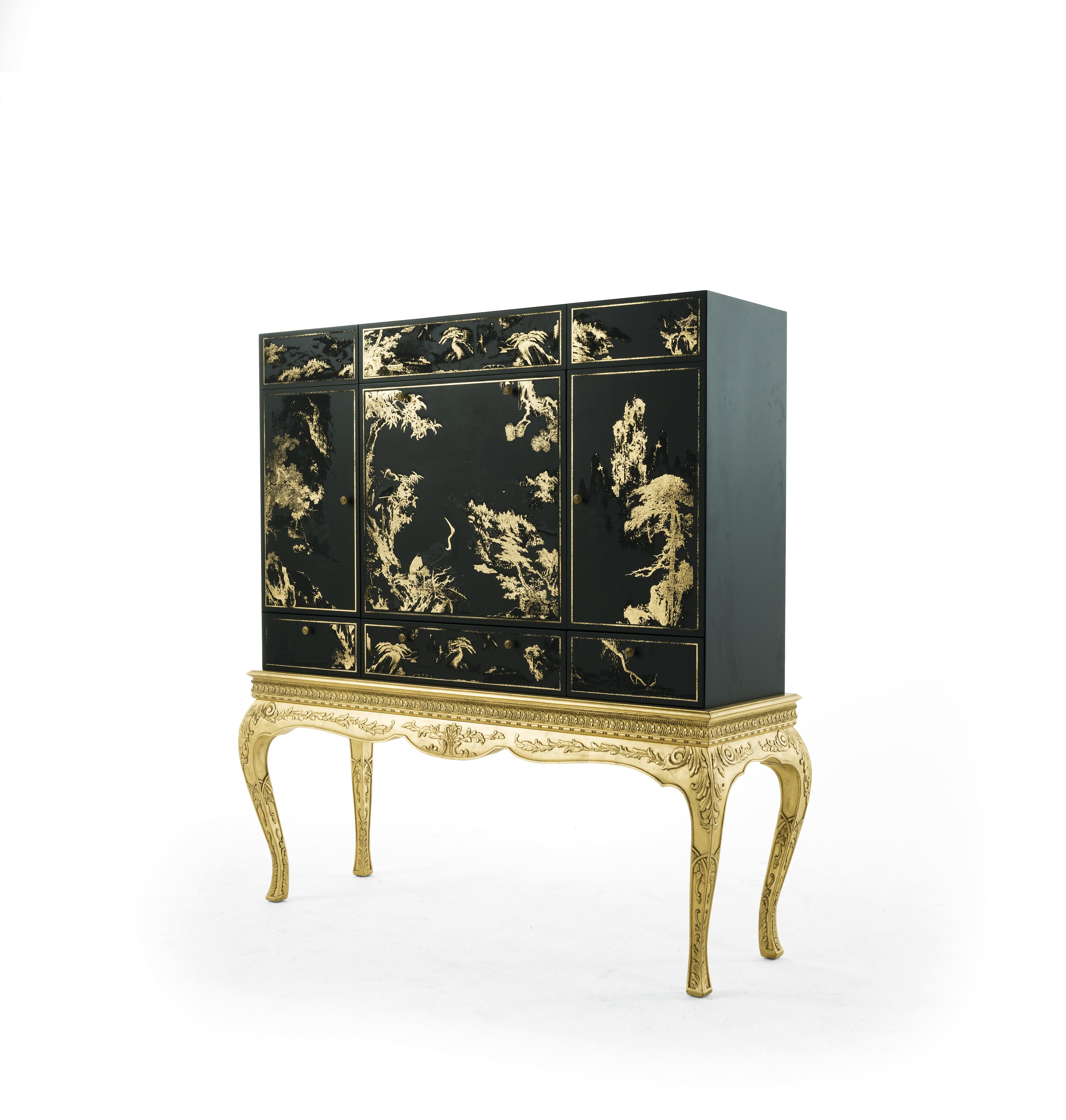 Italian 21st Century Brocart Bar Cabinet with Gold Leaf Laser Engraved Lace Decoration For Sale