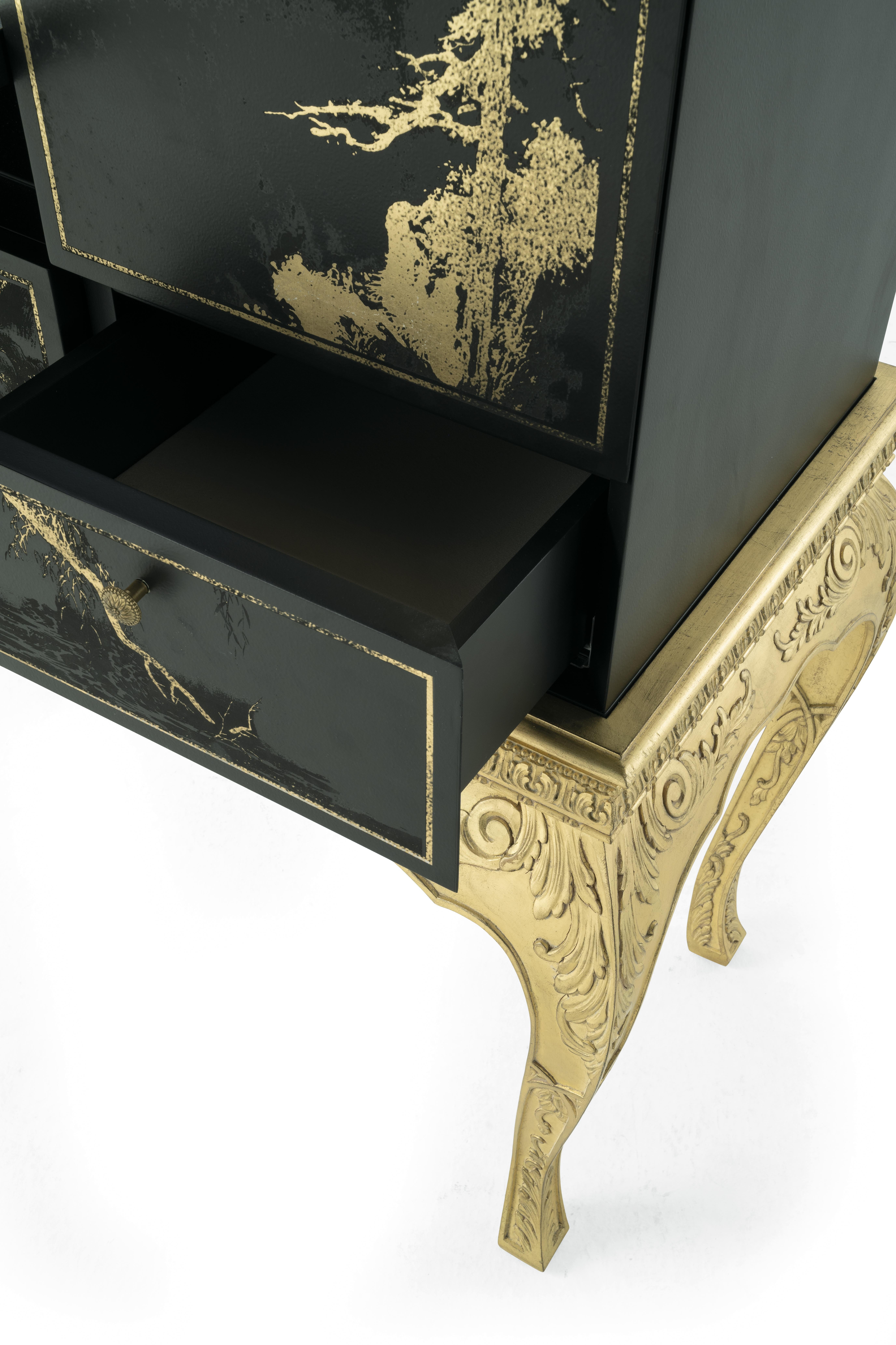 Contemporary 21st Century Brocart Bar Cabinet with Gold Leaf Laser Engraved Lace Decoration For Sale