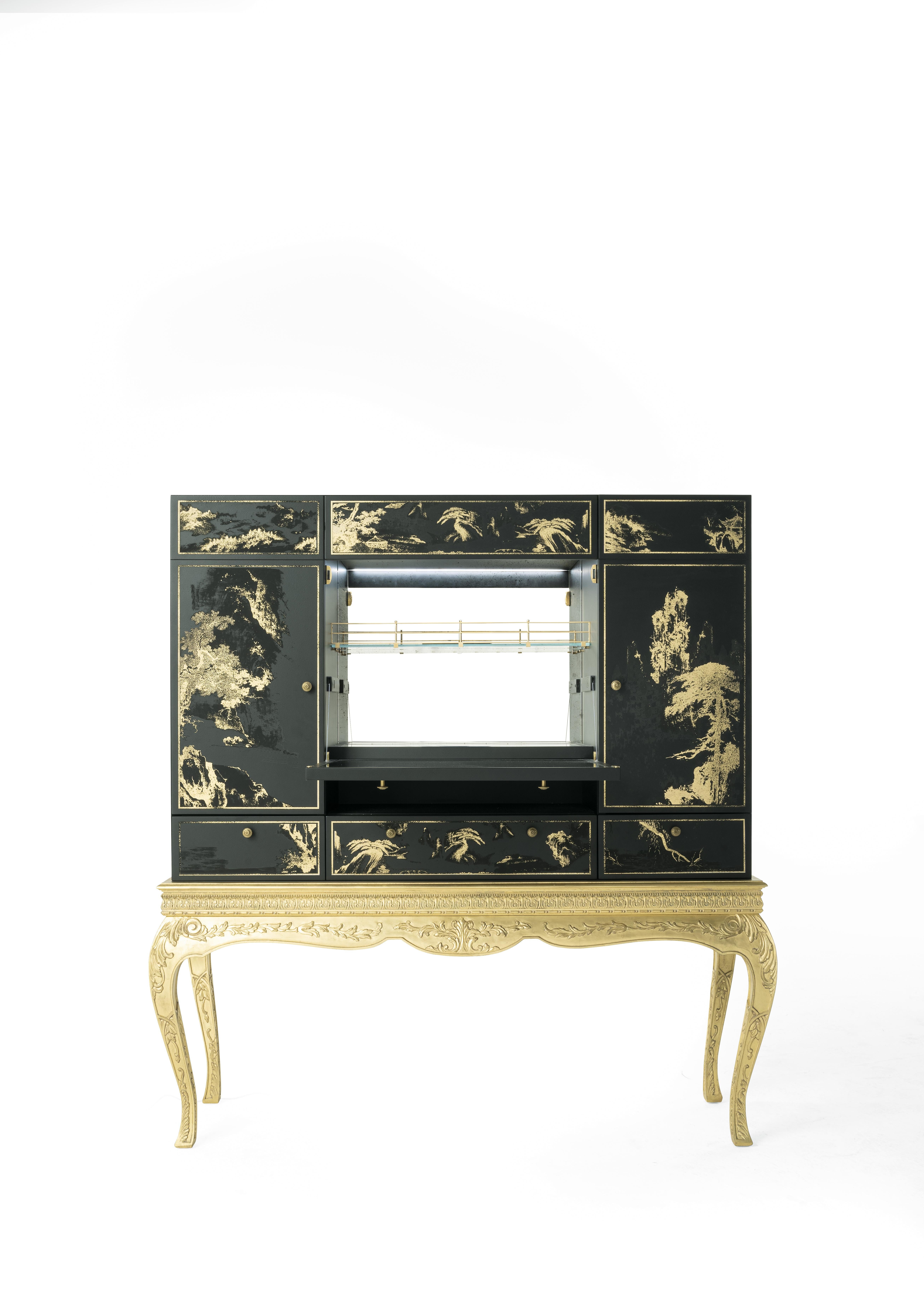 Wood 21st Century Brocart Bar Cabinet with Gold Leaf Laser Engraved Lace Decoration For Sale