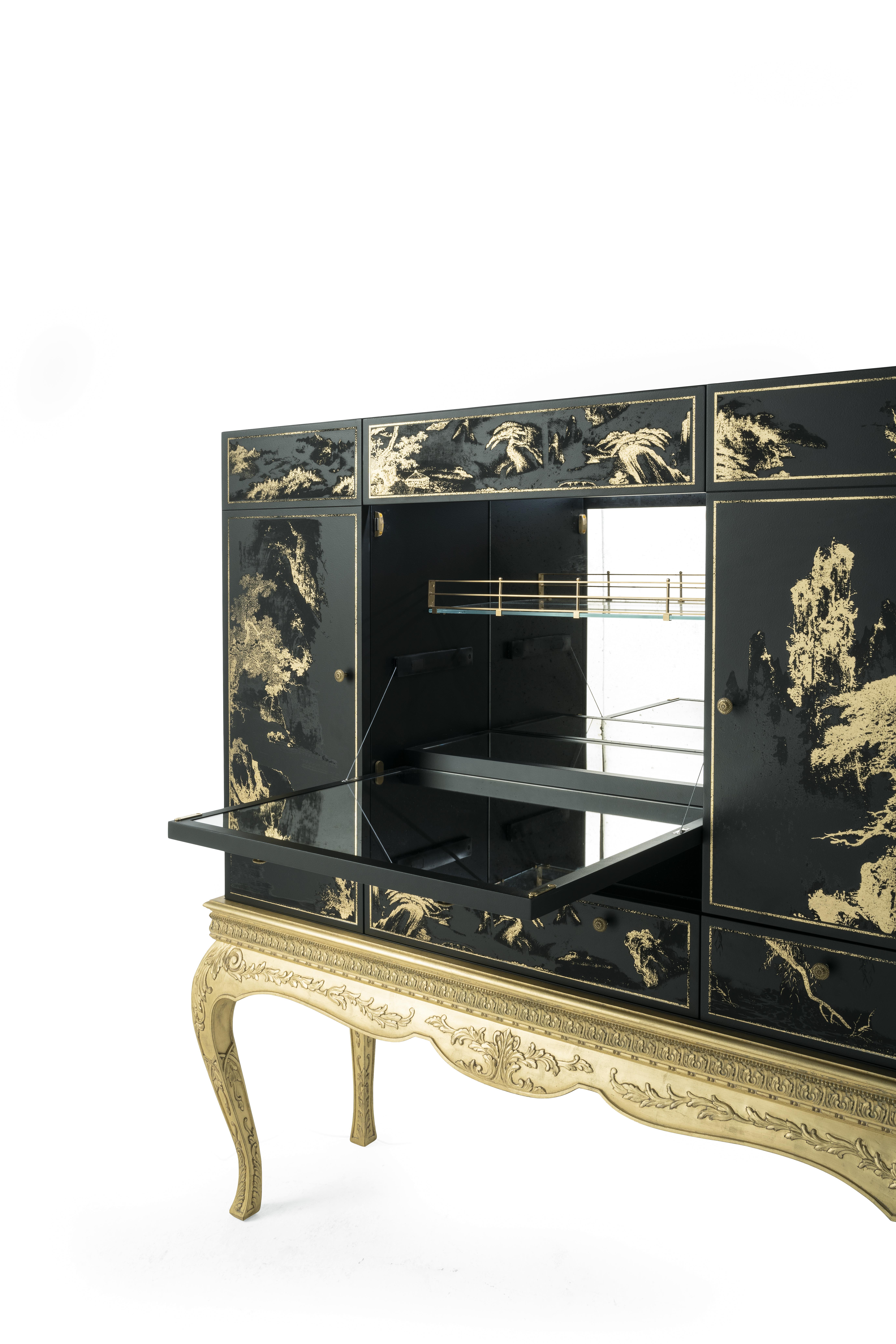 21st Century Brocart Bar Cabinet with Gold Leaf Laser Engraved Lace Decoration For Sale 2
