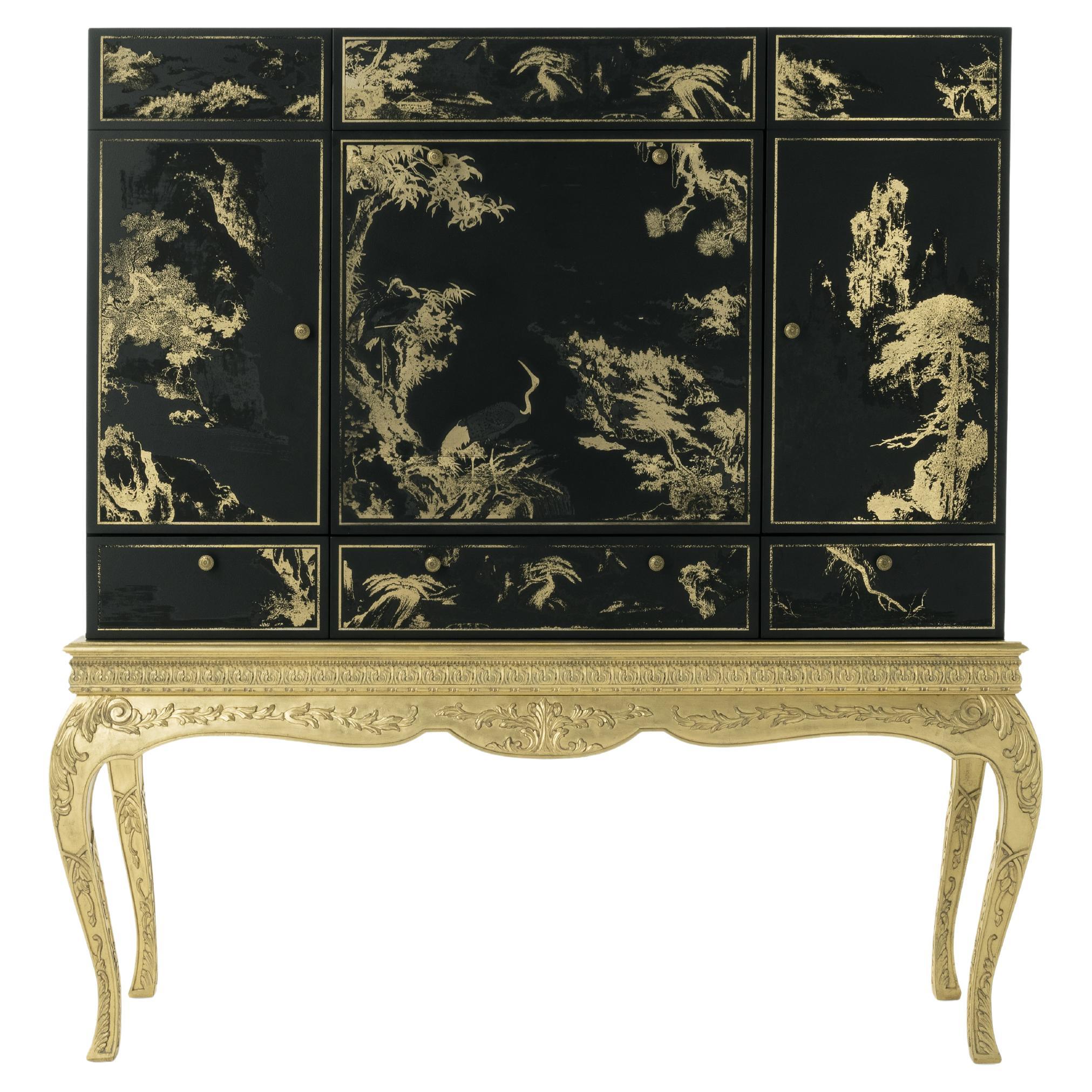 21st Century Brocart Bar Cabinet with Gold Leaf Laser Engraved Lace Decoration