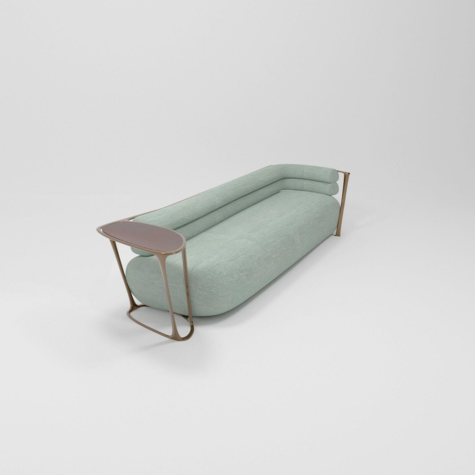 Organic Modern 21st Century, Bronzed Frame Low Beam Bench Mint Sofa with Table by Studio Sors