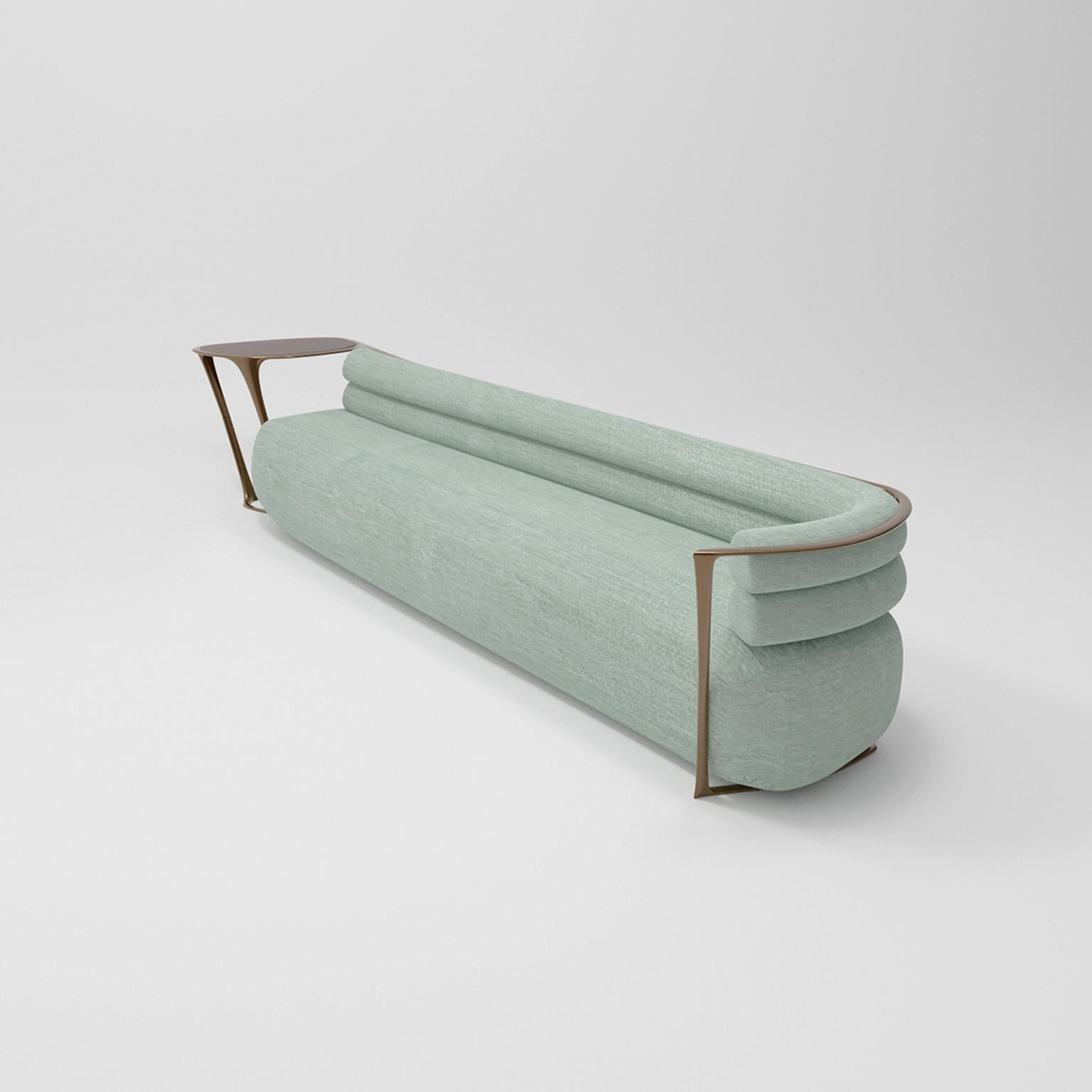 French 21st Century, Bronzed Frame Low Beam Bench Mint Sofa with Table by Studio Sors