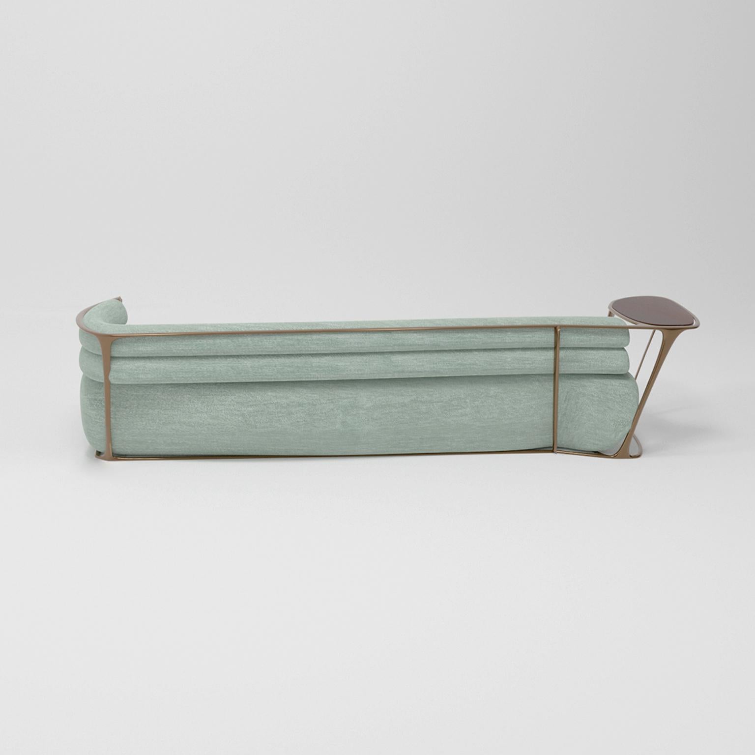 21st Century, Bronzed Frame Low Beam Bench Mint Sofa with Table by Studio Sors In New Condition In Paris, FR