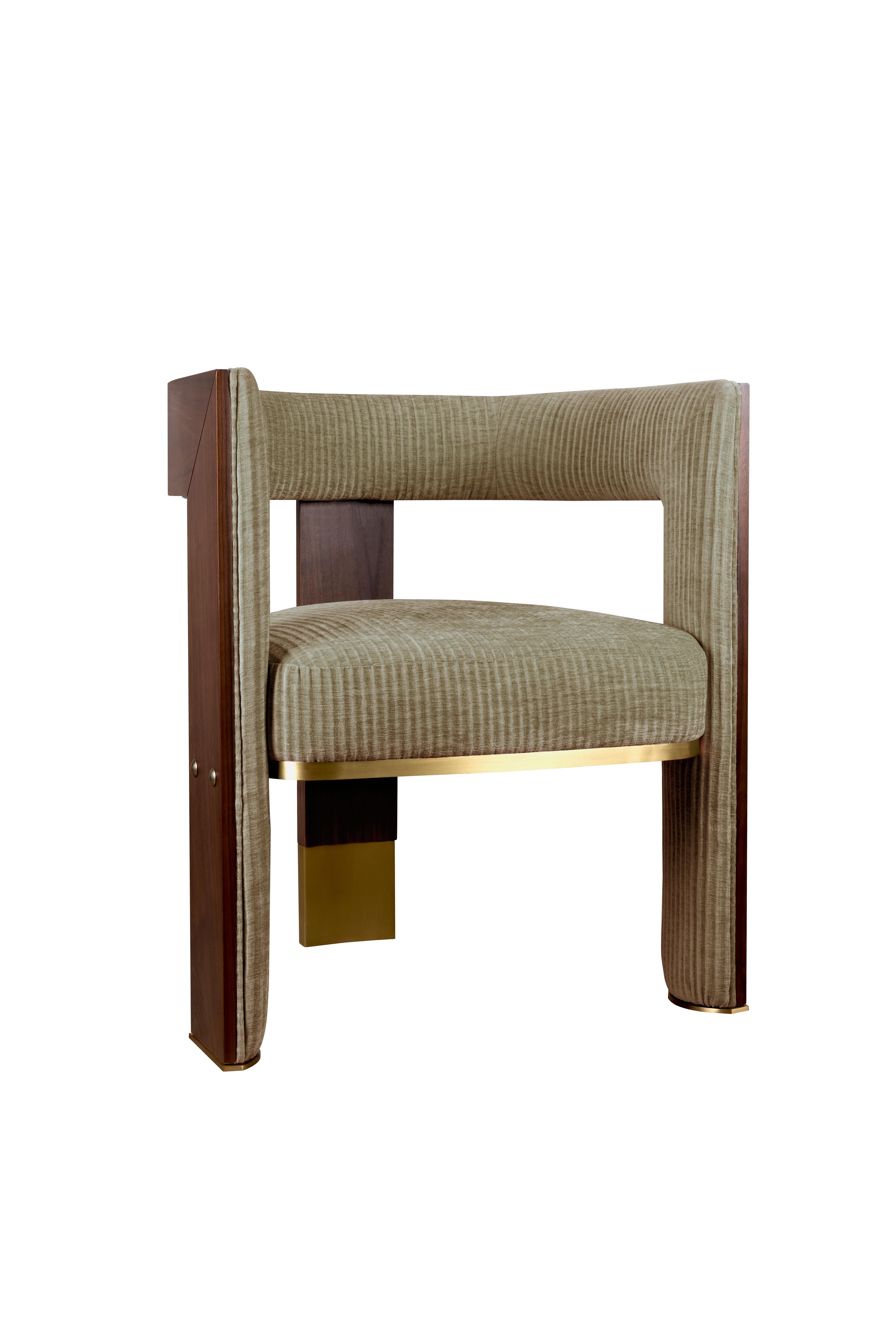 Portuguese 21st Century Brooklyn Dining Chair Black Walnut Linen Aged Brushed Brass For Sale