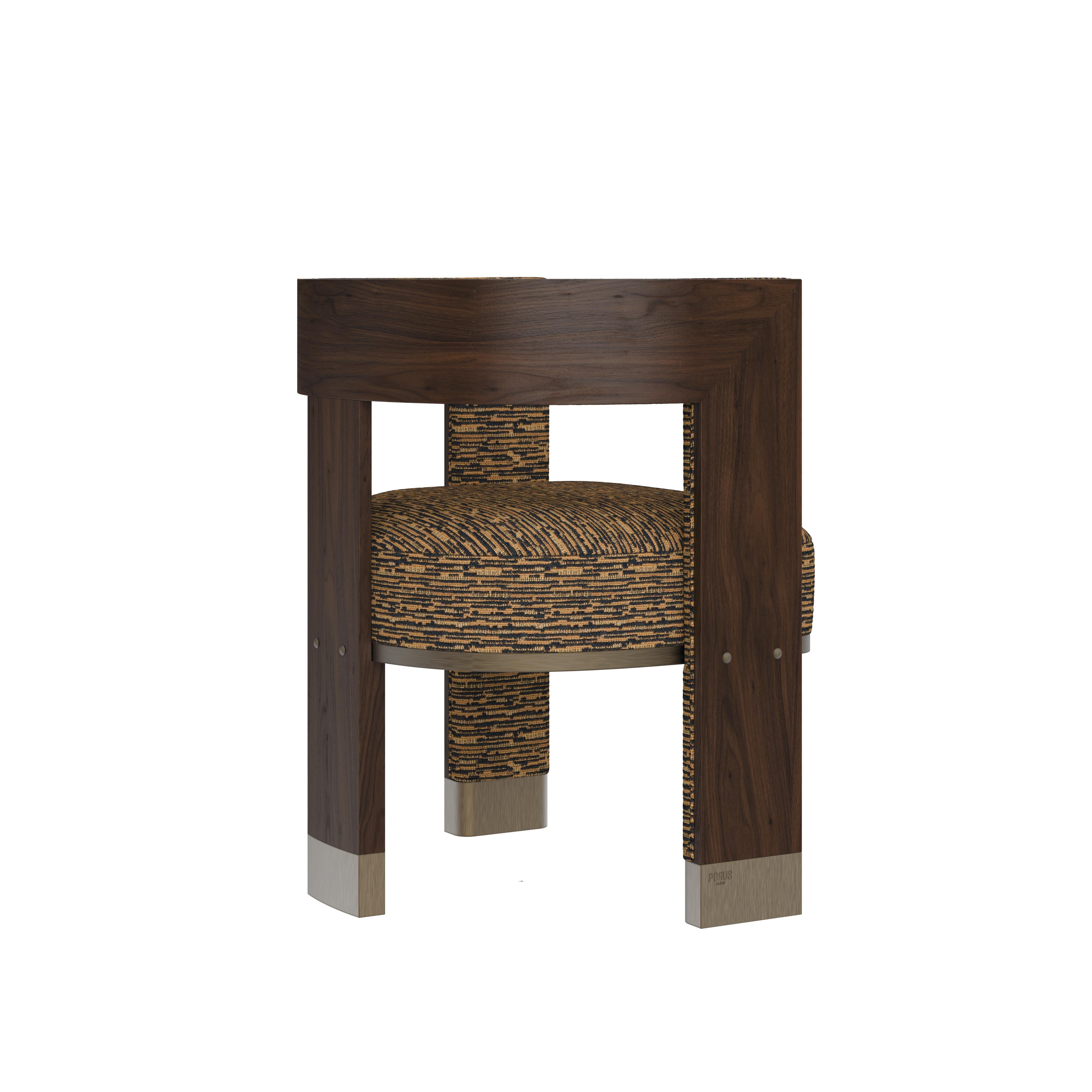 Portuguese 21st Century Brooklyn Dining Chair Black Walnut Linen Brass Made in Portugal For Sale
