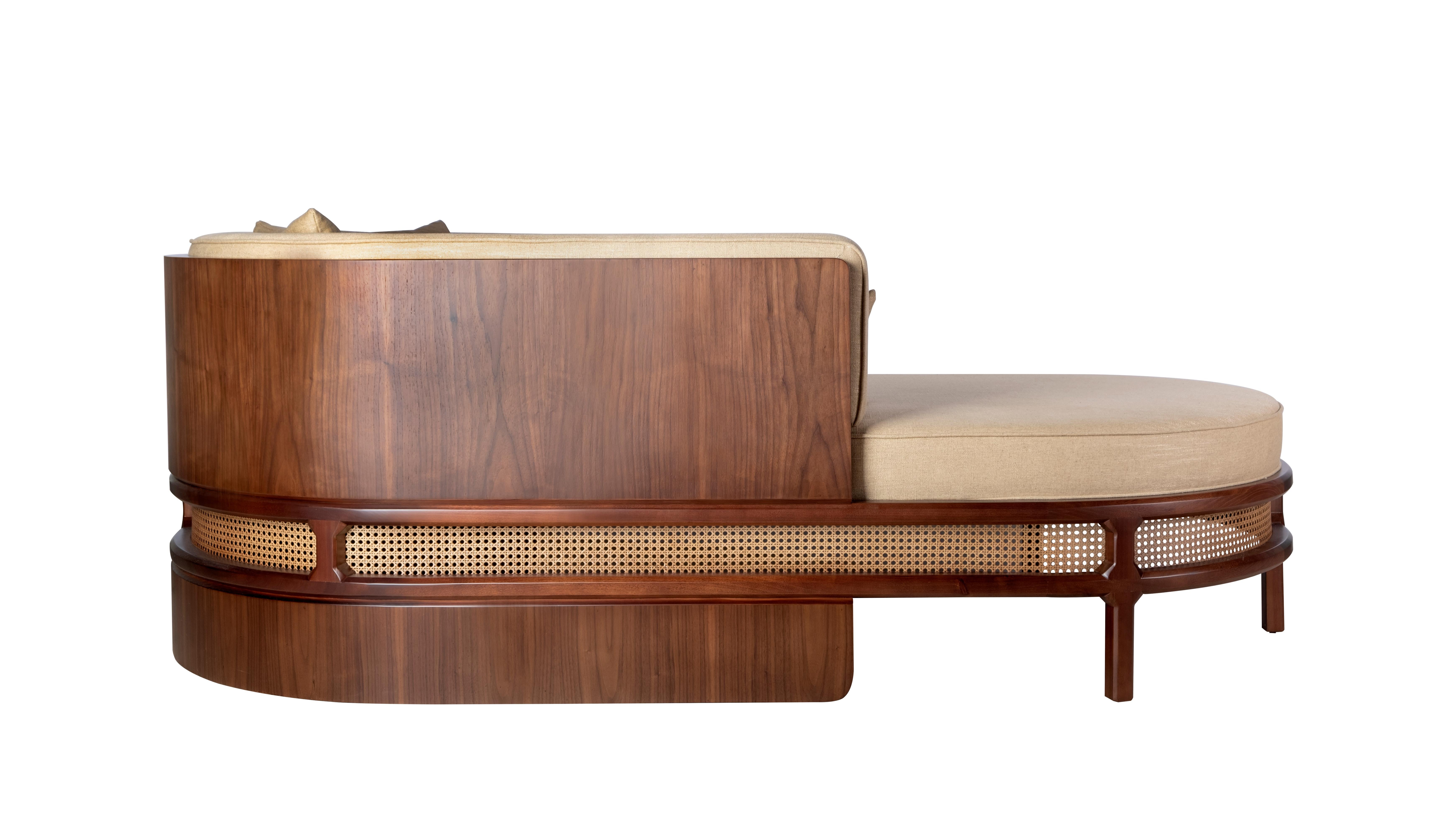 Portuguese 21st Century Brooks Chaise Lounge Linen Walnut Wood Handmade in Portugal For Sale