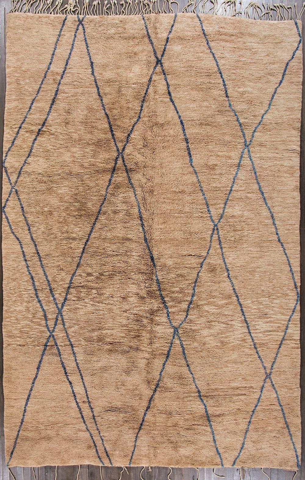 Modern Moroccan rug with a brown field and dark blue design. Measures approximately 11 feet by 16 feet 6 inches.