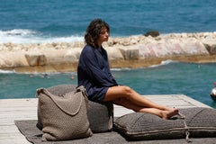 21st Century Brown Black Outdoor Indoor Rug, Two Cushions and Pouf Set