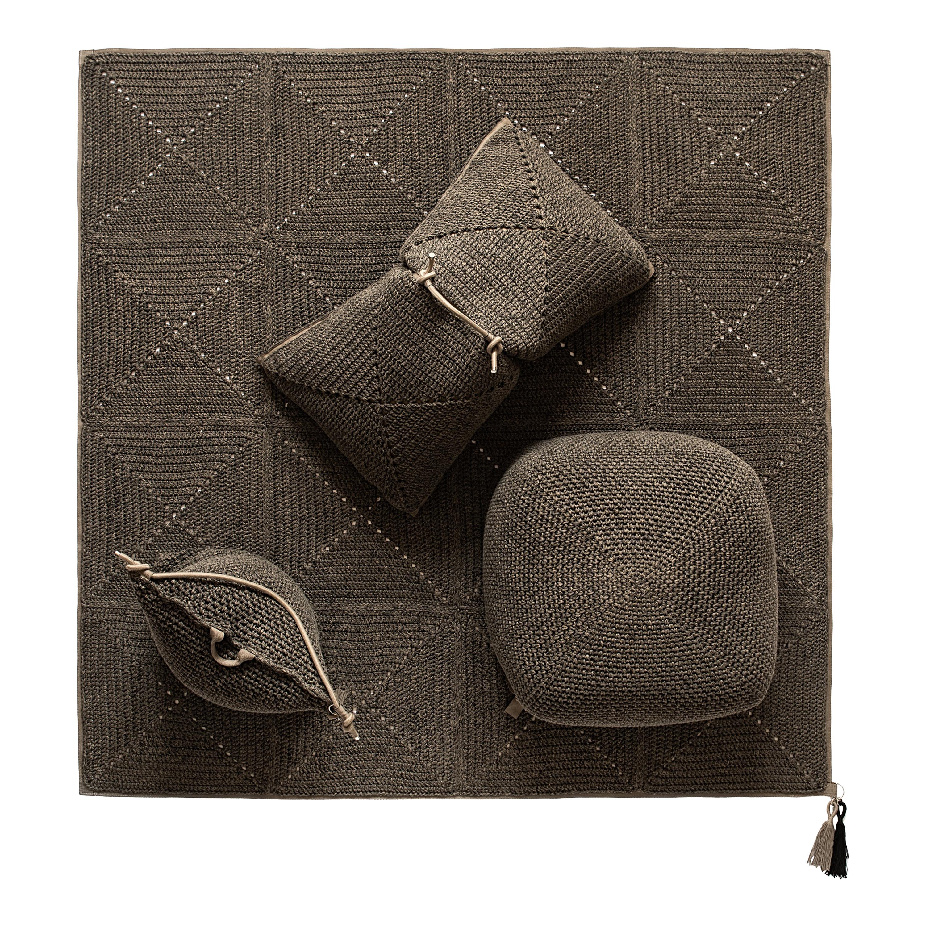 21st Century Brown Black Outdoor Indoor Rug, Two Cushions and Pouf Set