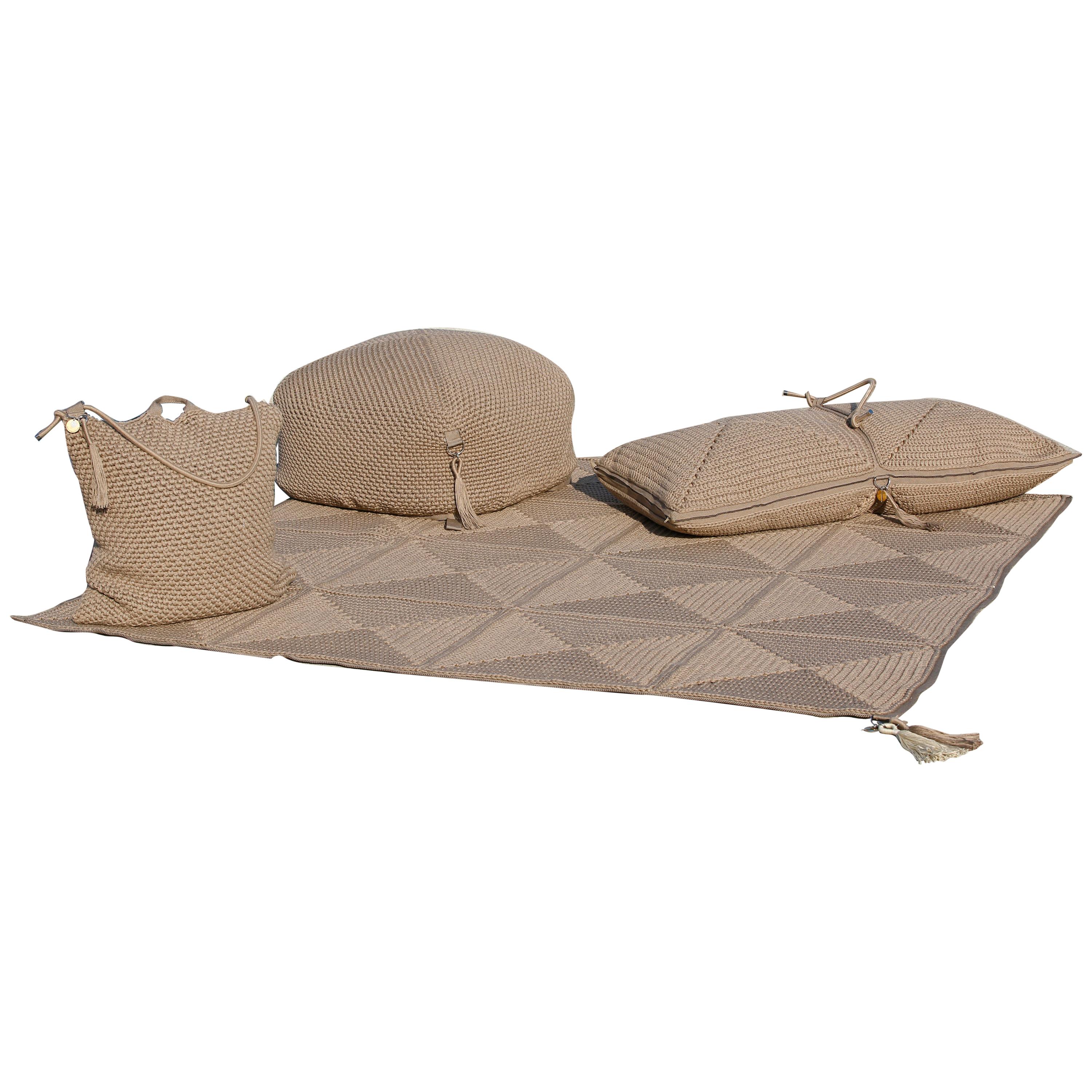21st Century Brown Outdoor Indoor Rug, Bag Cushion, Double Cushion and Pouf Set