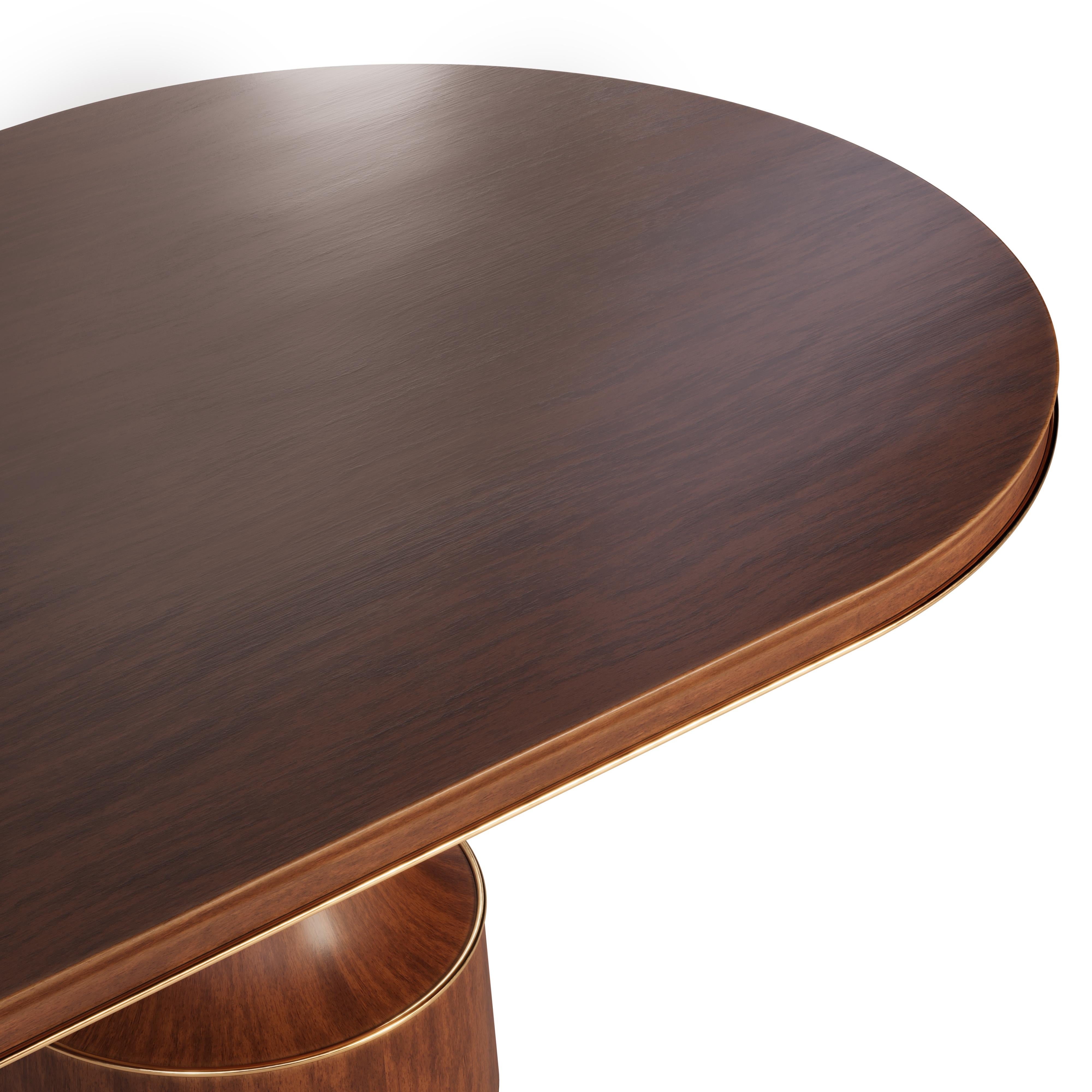 Table de salle à manger ovale à boucle du 21e siècle en bois de noyer et laiton poli en vente 3
