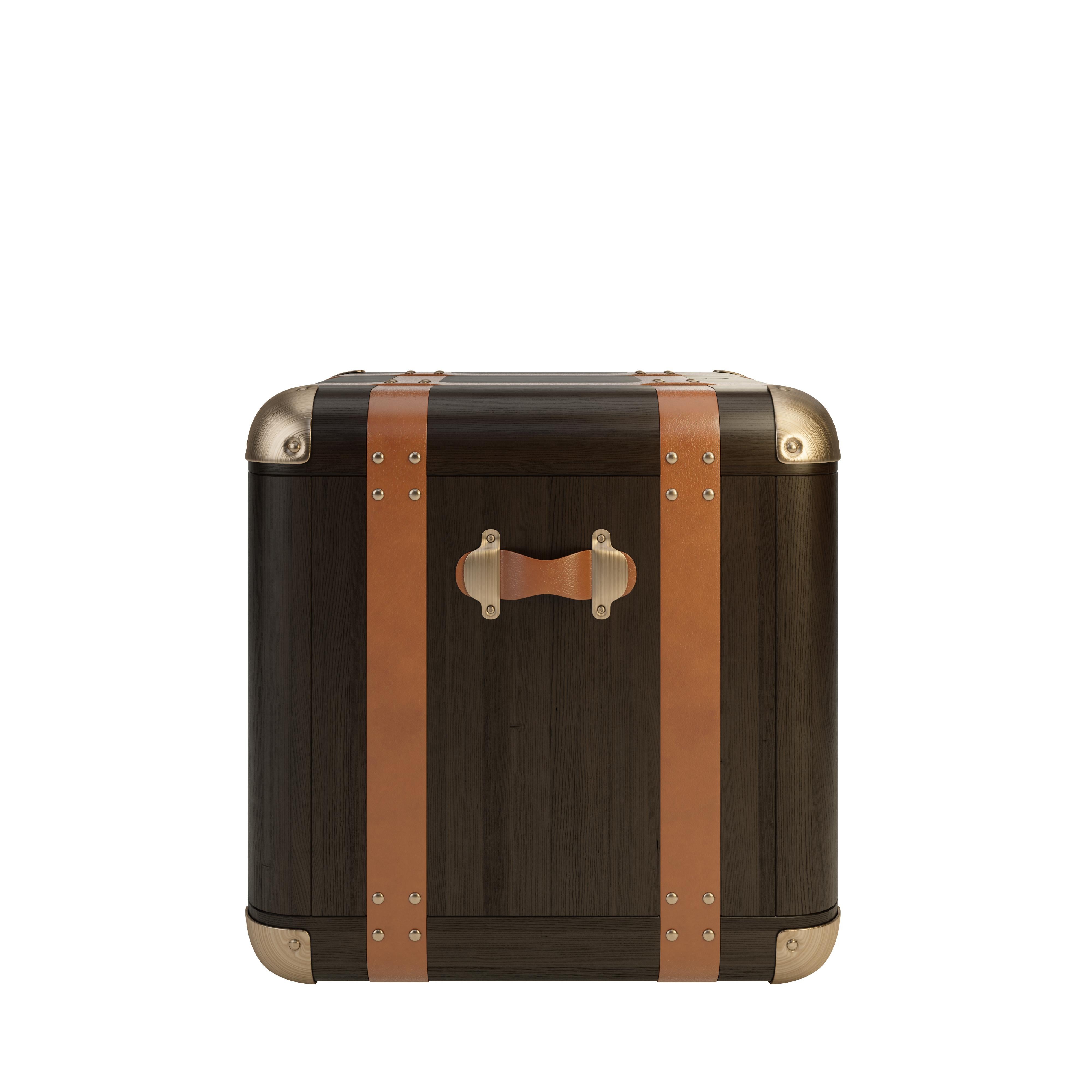 21st Century Burke Trunk-styled side table leather brass wood by Wood Tailors In New Condition For Sale In RIO TINTO, PT