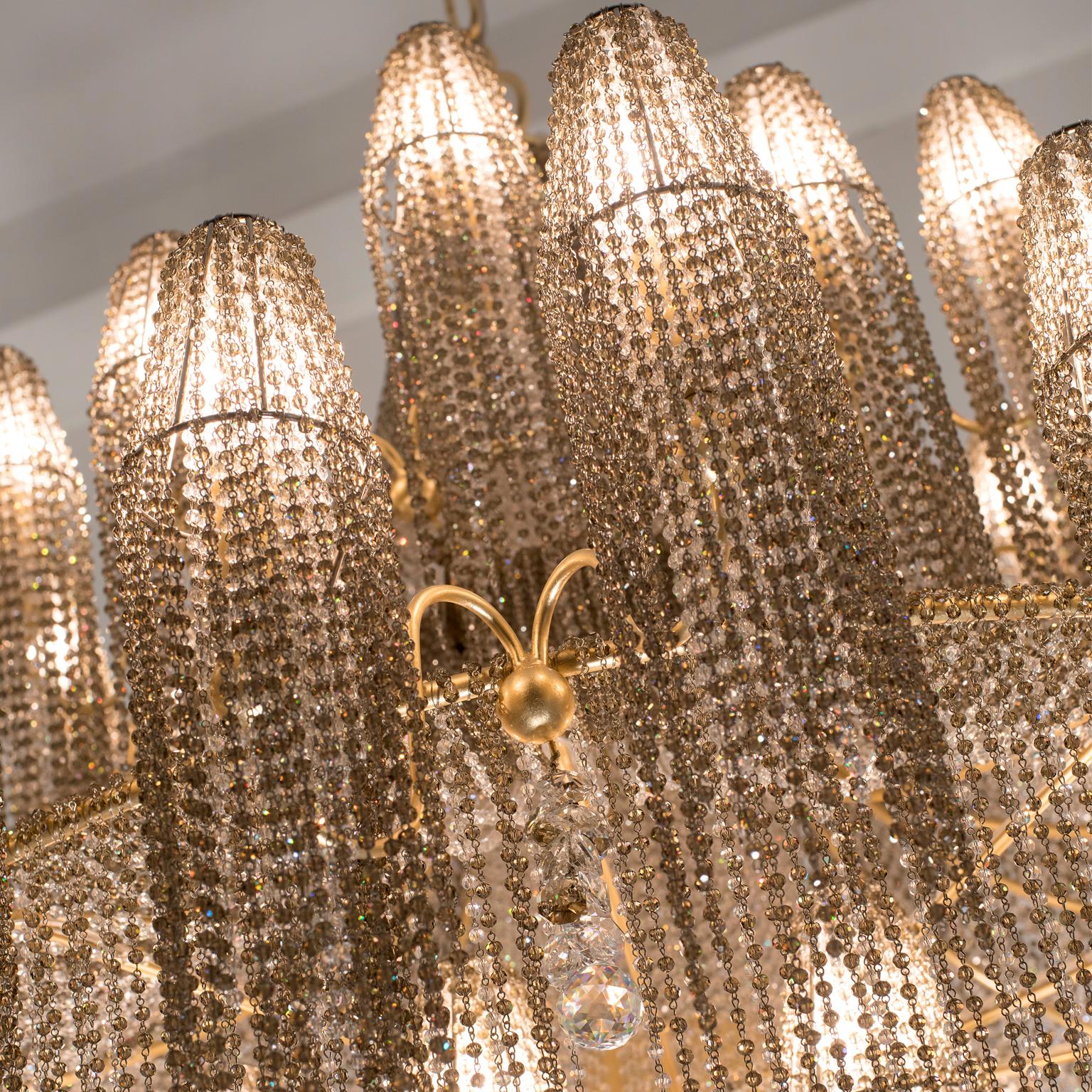 Modern 21st Century Burlesque Gold Leaf Chandelier and Crystals by Patrizia Garganti For Sale