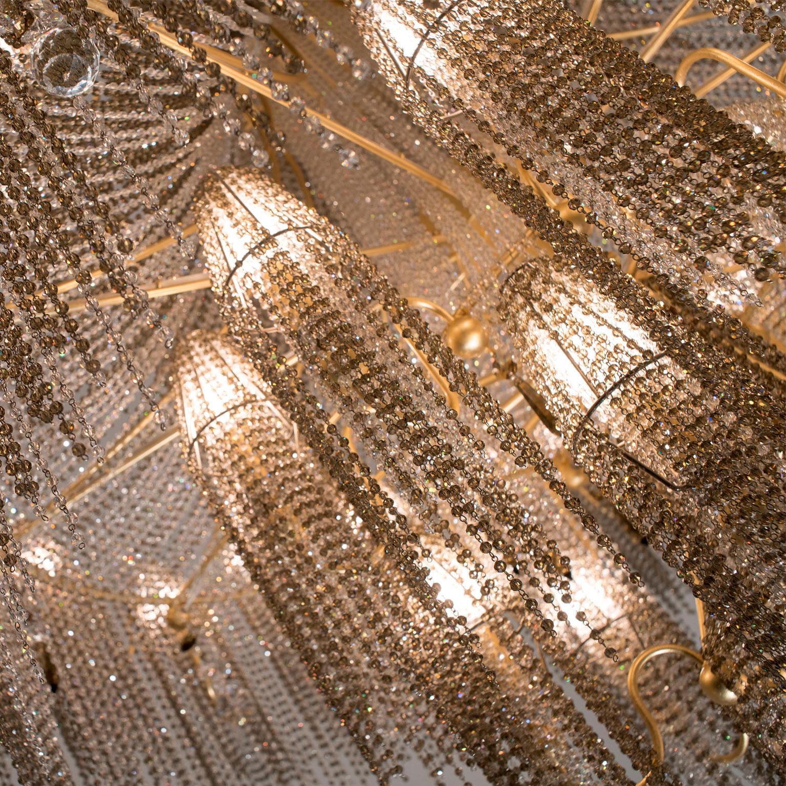 Italian 21st Century Burlesque Gold Leaf Chandelier and Crystals by Patrizia Garganti For Sale