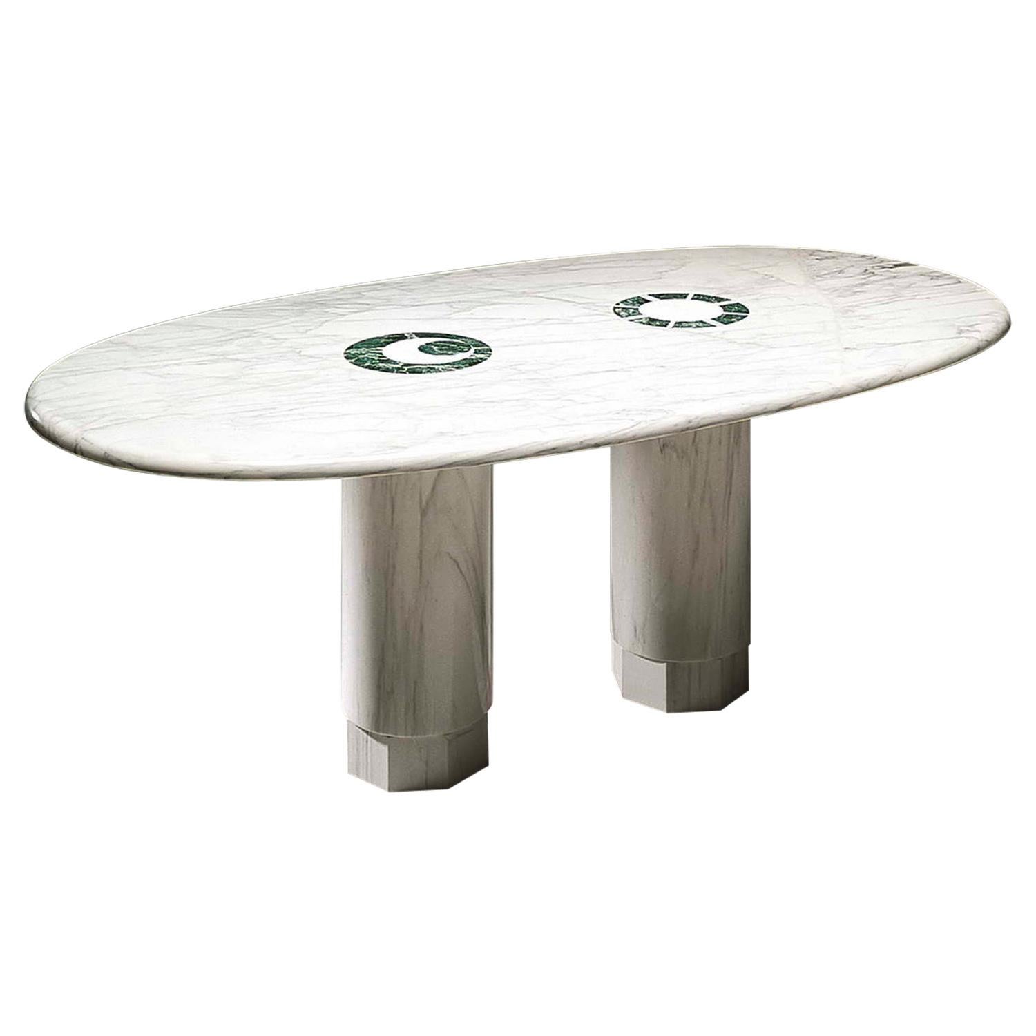 21st Century by Adolfo Natalini Sole e Luna Inlaid Marble Table White and Green For Sale