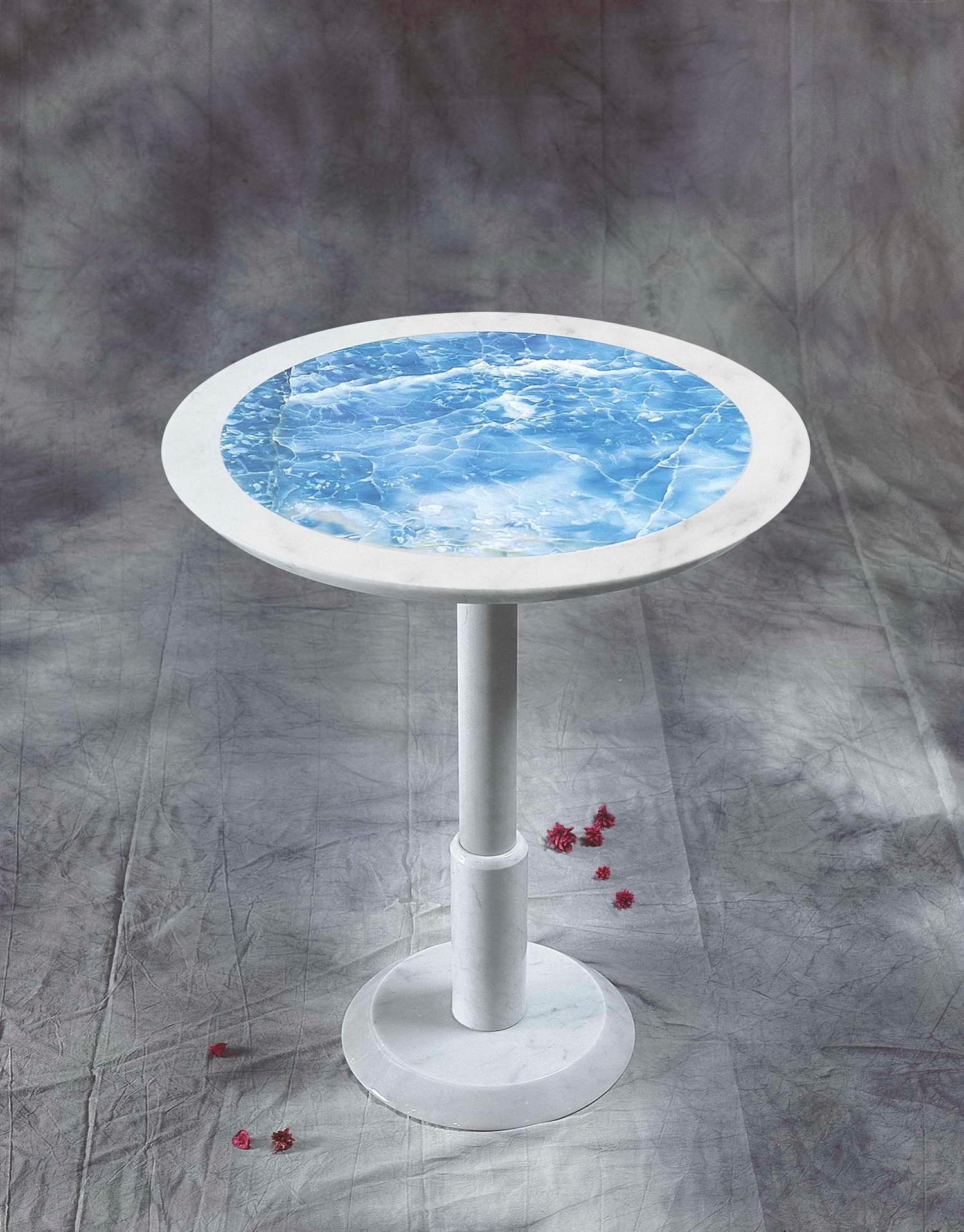 Name: BISTROT
Marble Table designed by architect Marco Piva
Materials: White P. + Blu Onix + Painted steel
Size: Diameter Cm 65 x Height 75
Designed by: Marco Piva.

 