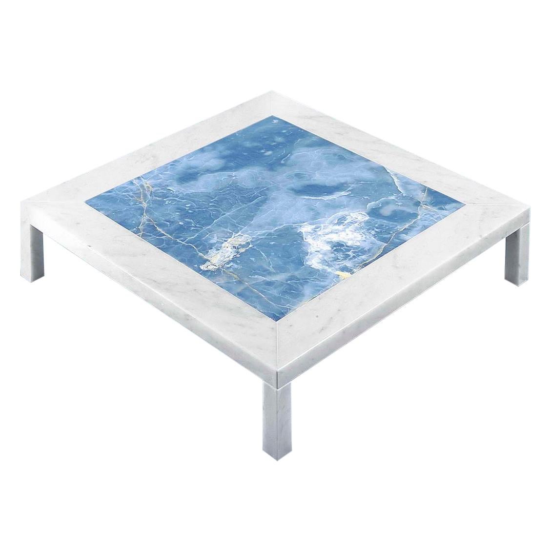 21st Century by Arch. M.Piva "FUMO" Square Marble Table in White P. & Blu Onix For Sale