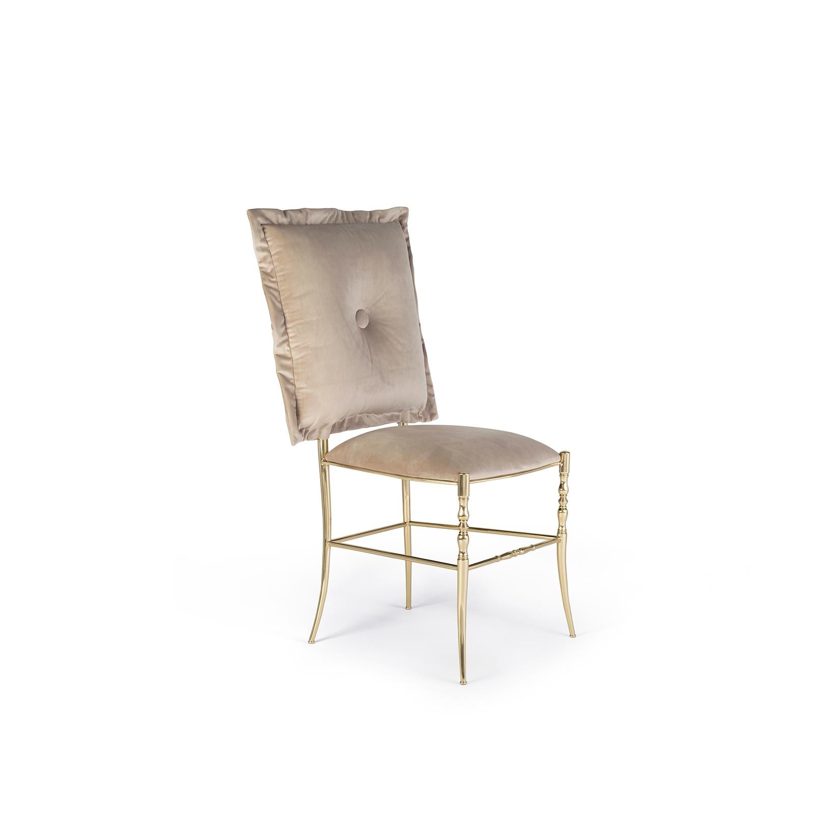Portuguese Modern Classic Chiavarina Dining Chair, Beige Velvet Upholstery, Brass Cast Foot For Sale