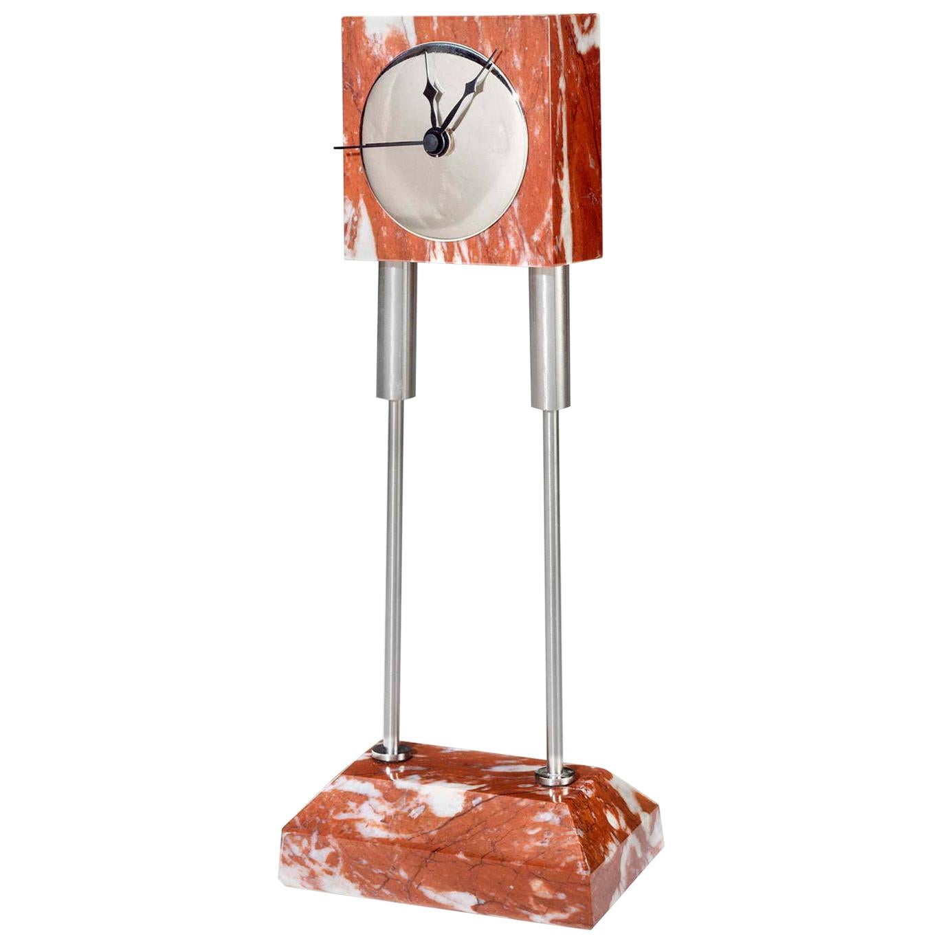 21st Century by D. Palterer Marble and Metal Clock in Rosso Francia e Verde Alpi For Sale