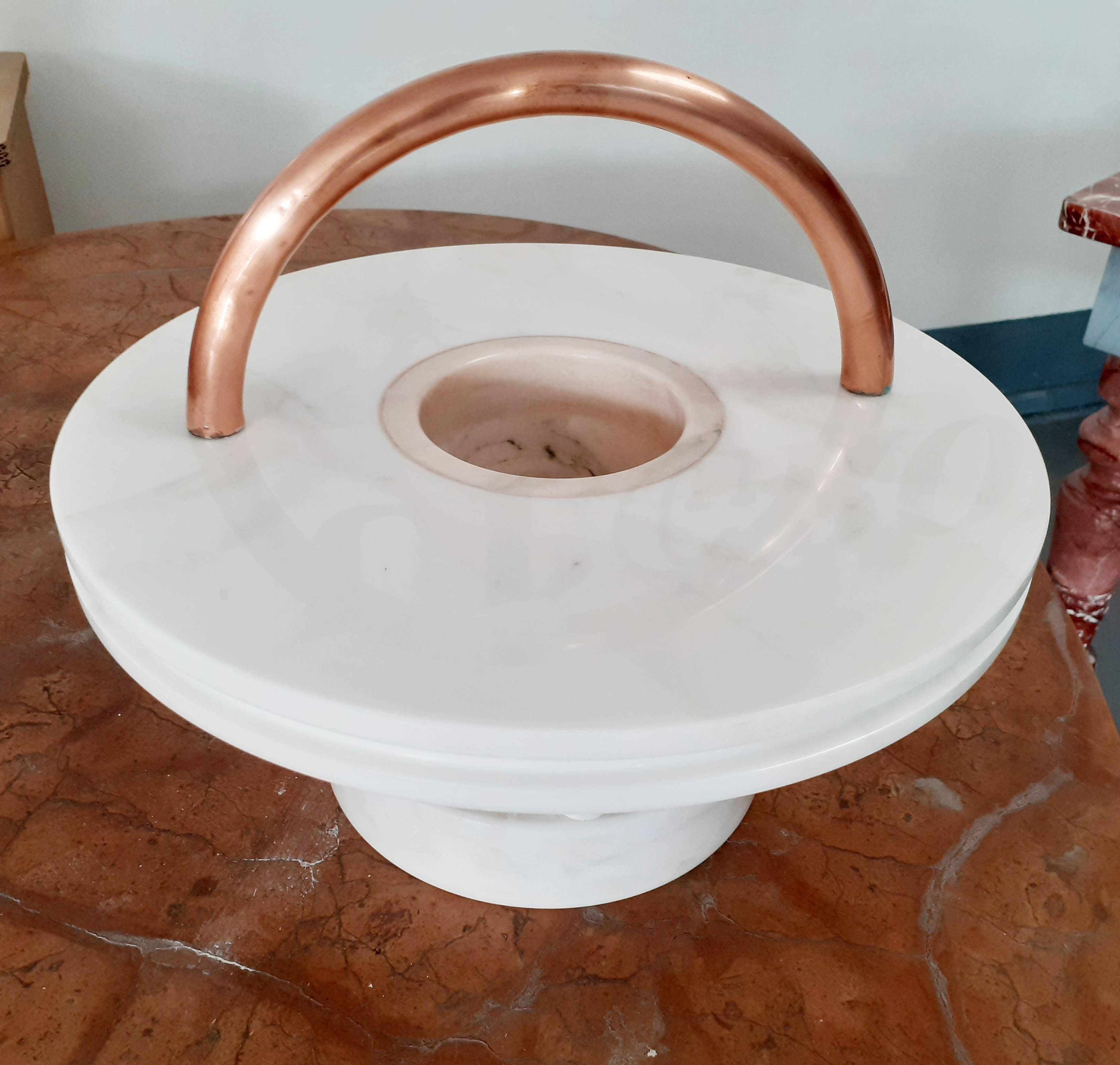 Modern 21st Century by E.Sottsass Round Centerpiece in White and Pink Marble and Copper For Sale