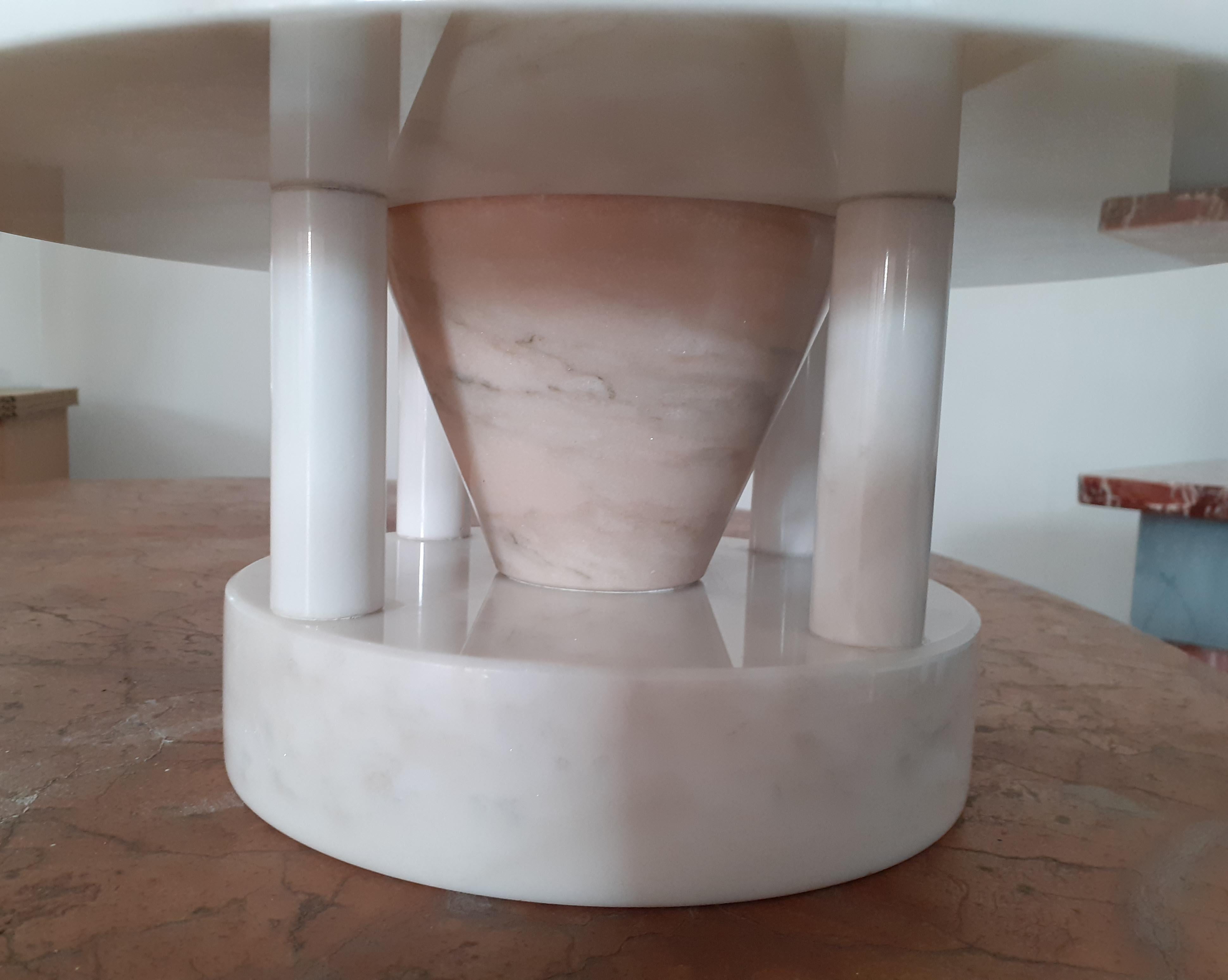 Hand-Crafted 21st Century by E.Sottsass Round Centerpiece in White and Pink Marble and Copper For Sale