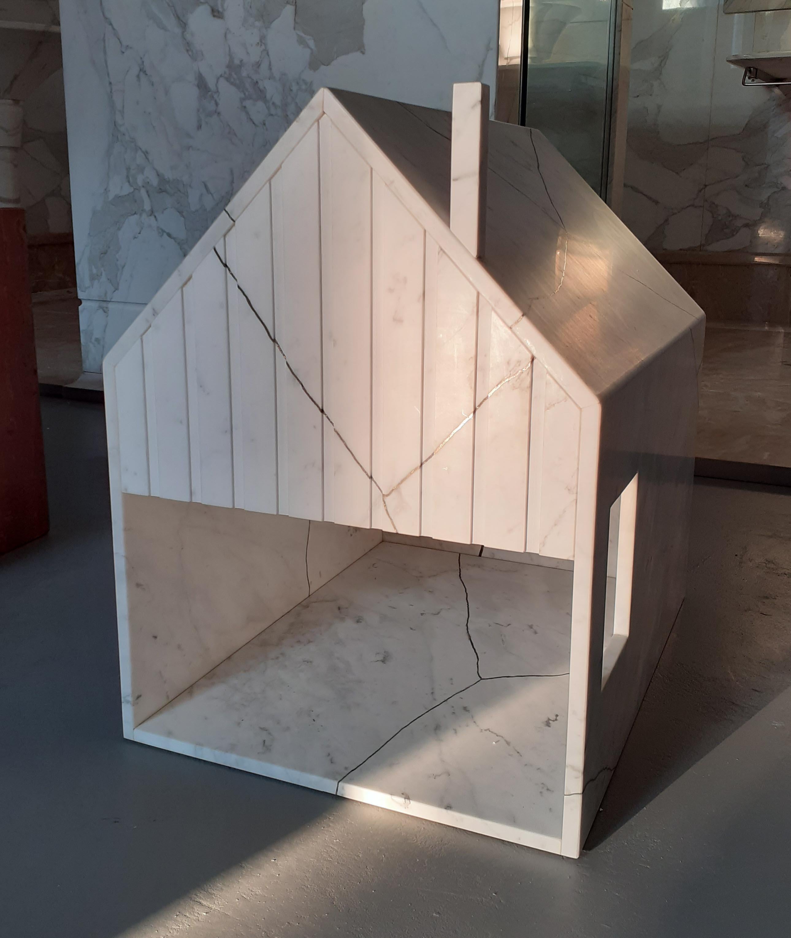 Modern 21st Century by Feix & Merlin Reclaimed White Marble Dog House Kintsugi Brass For Sale