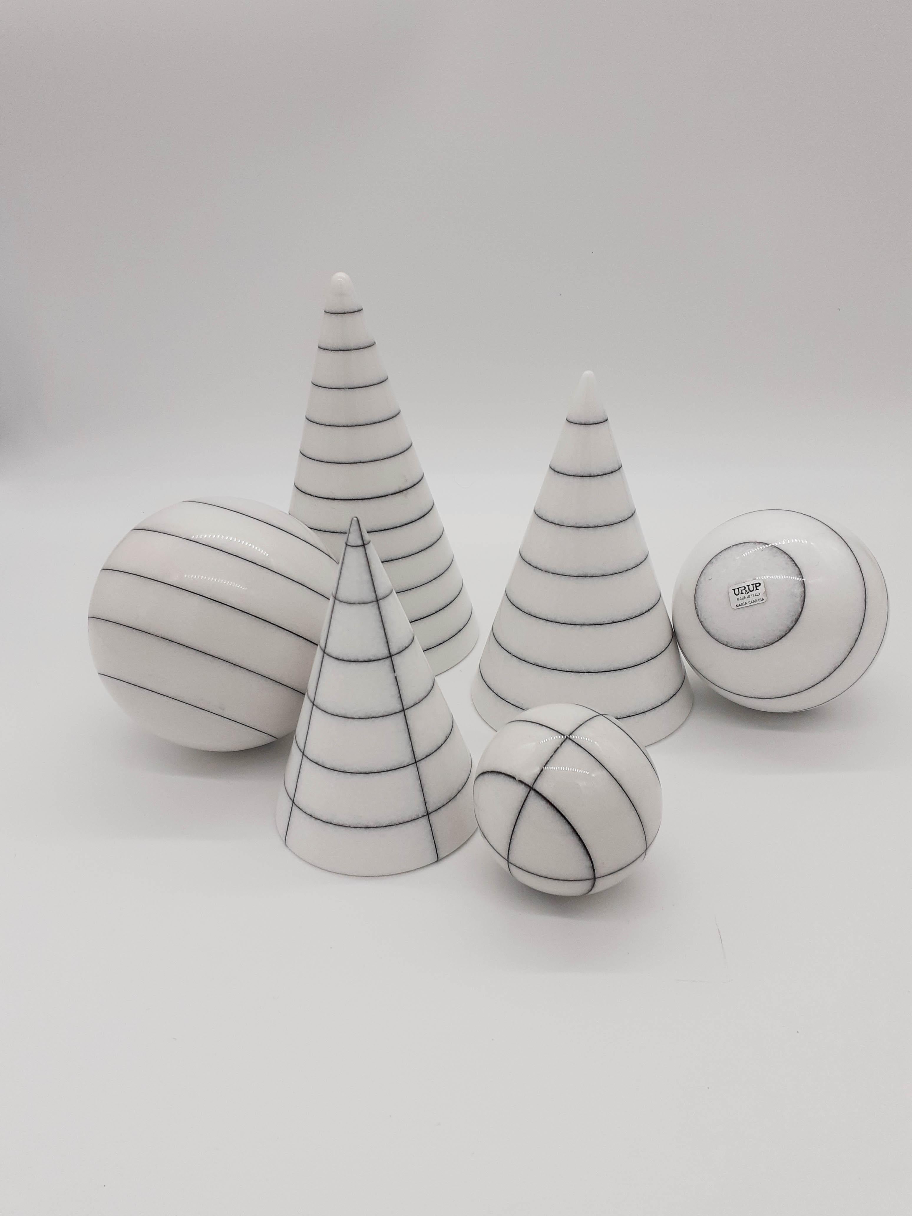 Marble centerpieces by Arch. Giulio Lazzotti

Size cone 1 cm. diameter 12 x height 19.5
Size cone 2 cm. diameter 10.5 x height 16
Size cone 3 cm. diameter 8.5 x height 13
Size ball 1 cm. diameter 10
Size ball 2 cm. diameter 8.5
Size ball 3 cm.