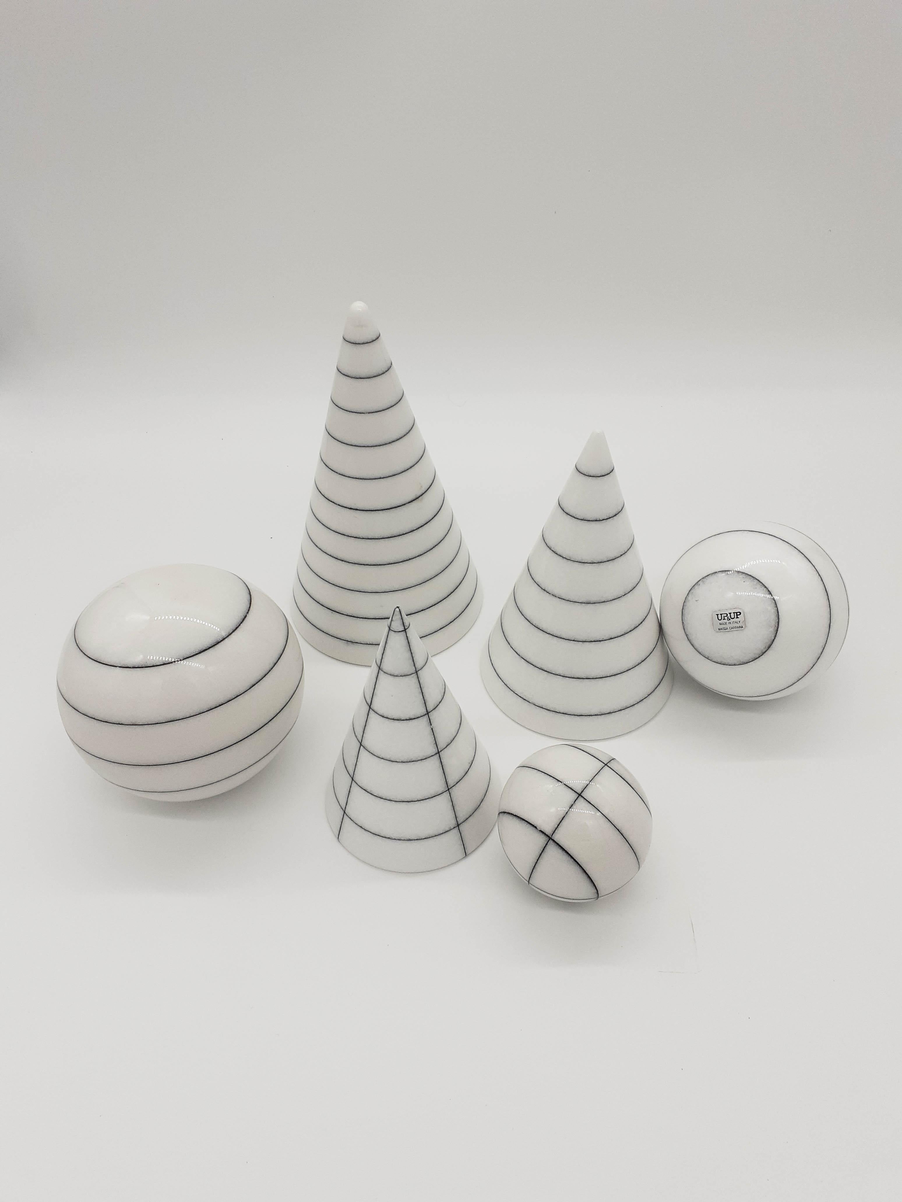 Italian 21st Century by G. Lazzotti Marble Centerpiece Set of Balls/Cones in White Naxos For Sale