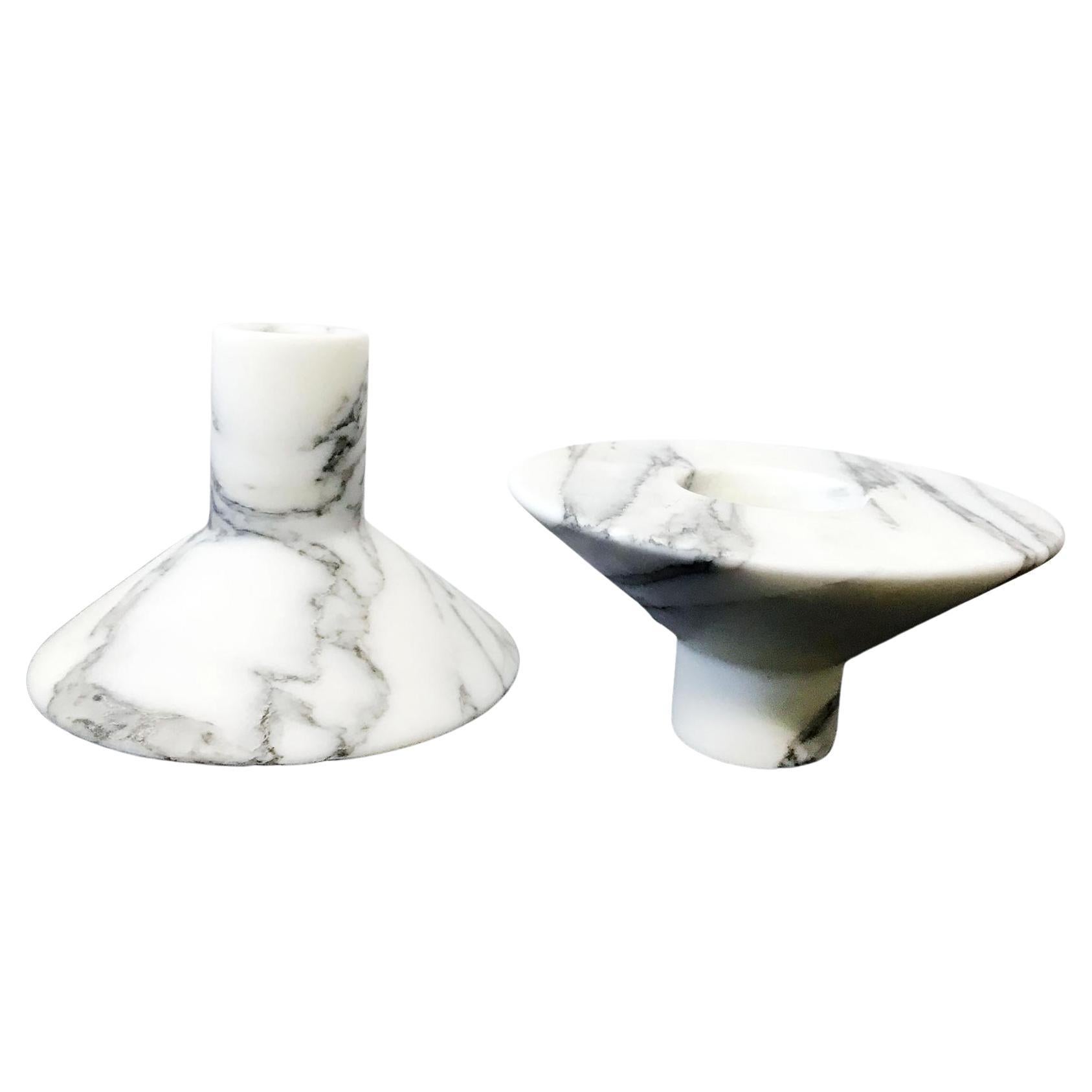 21st Century by Marco Marino"Reverse" Marble Candle Holder in White Carrara