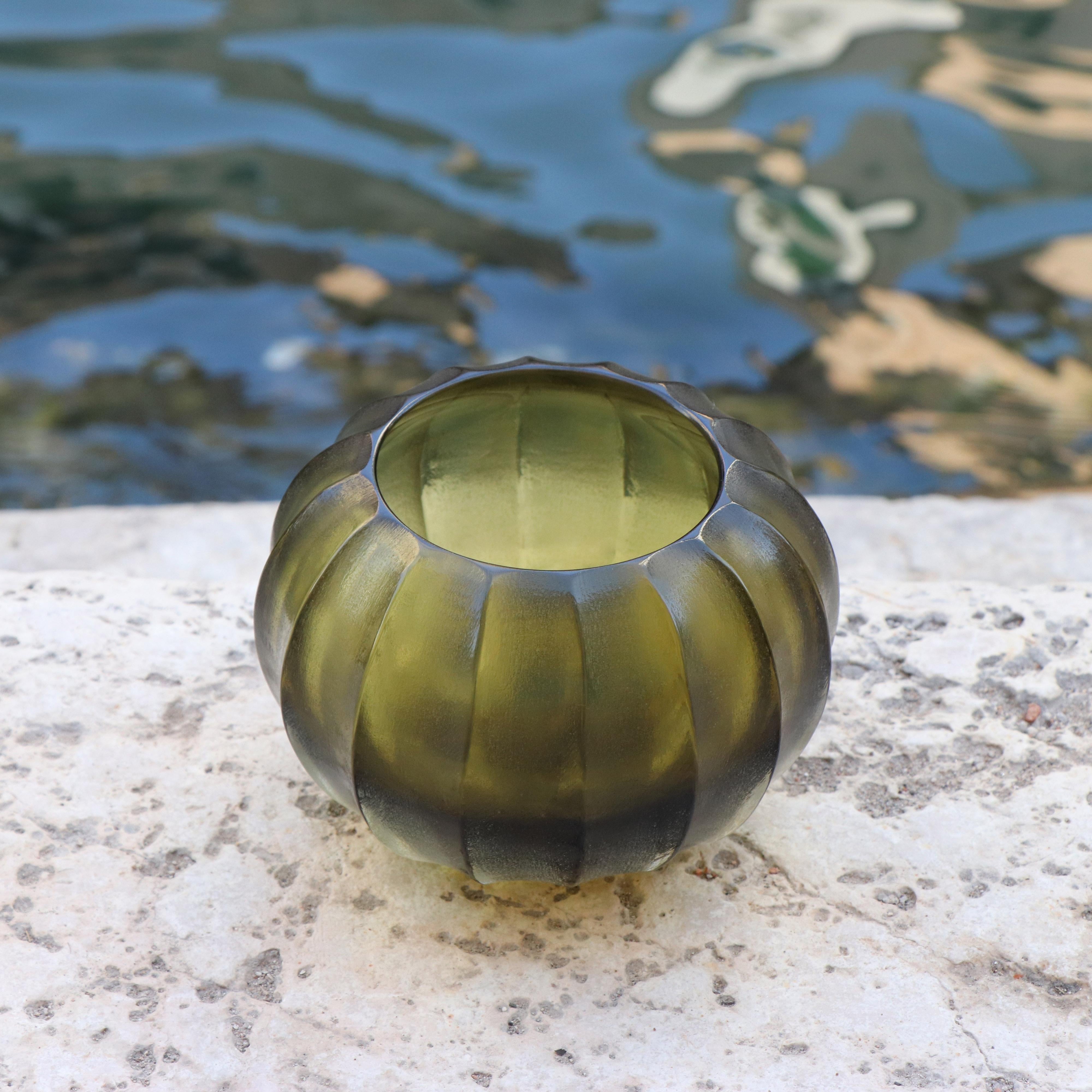 Modern 21st Century by Micheluzzi Glass Bocia Olive Green Vase Handmade Murano Glass