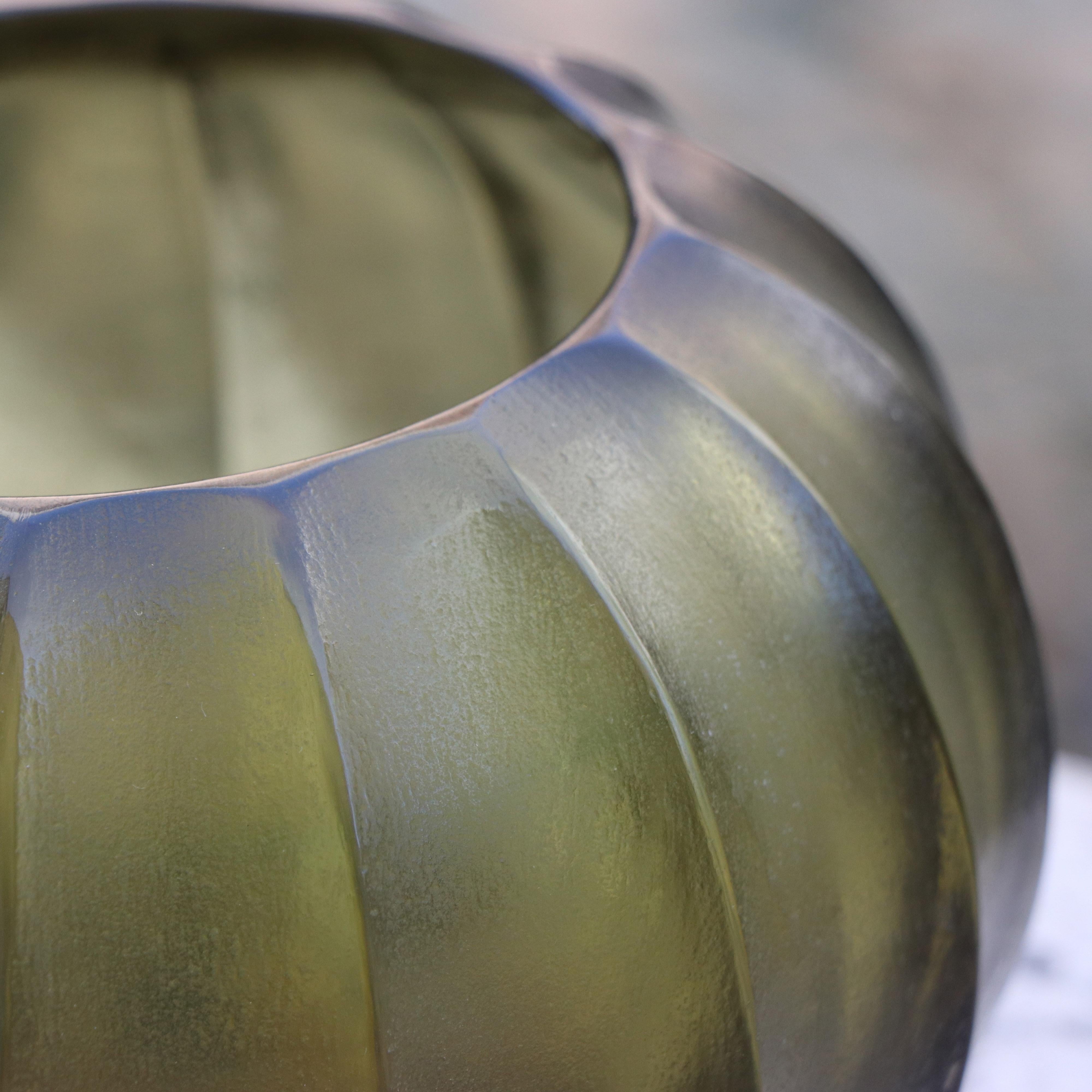 Italian 21st Century by Micheluzzi Glass Bocia Olive Green Vase Handmade Murano Glass