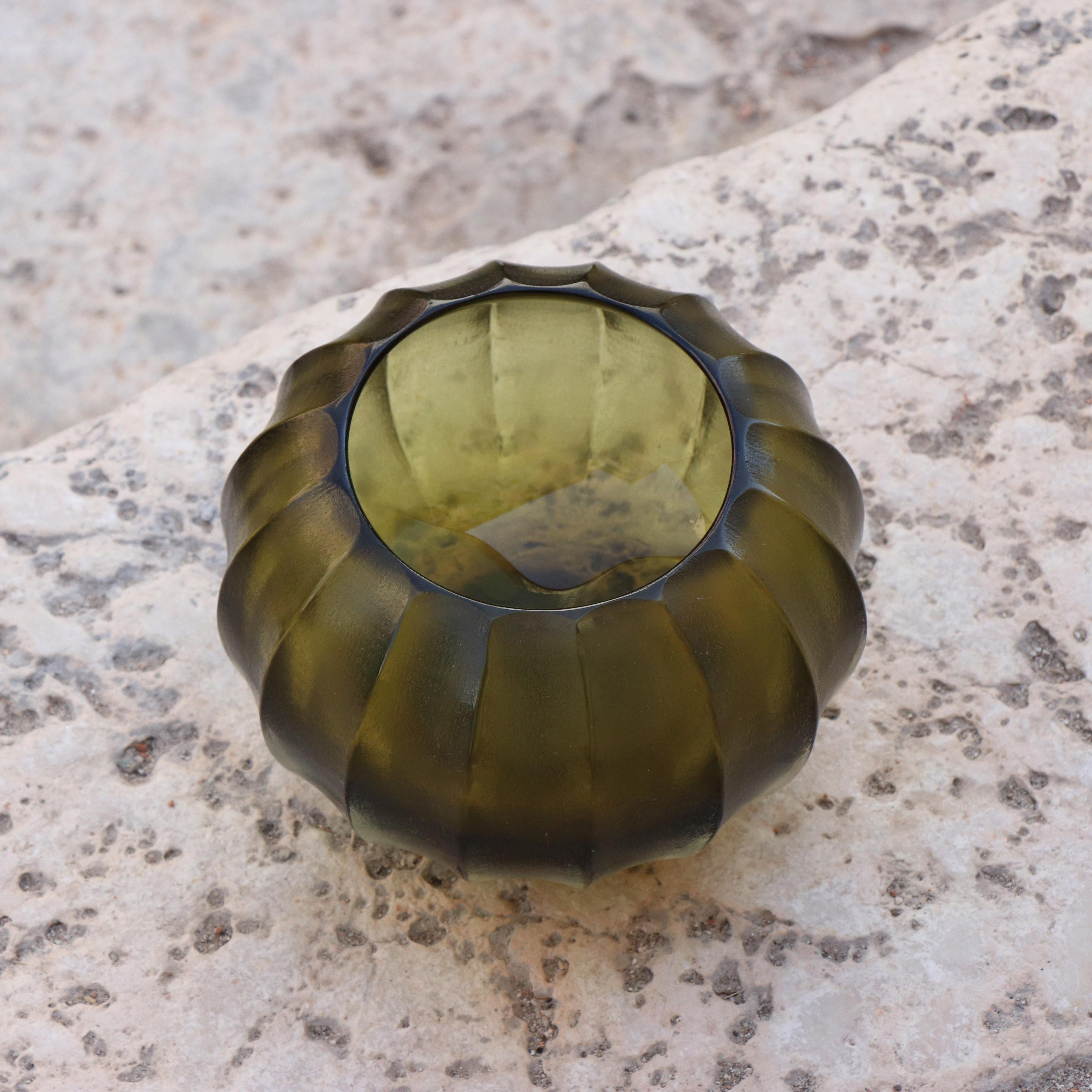 Hand-Carved 21st Century by Micheluzzi Glass Bocia Olive Green Vase Handmade Murano Glass