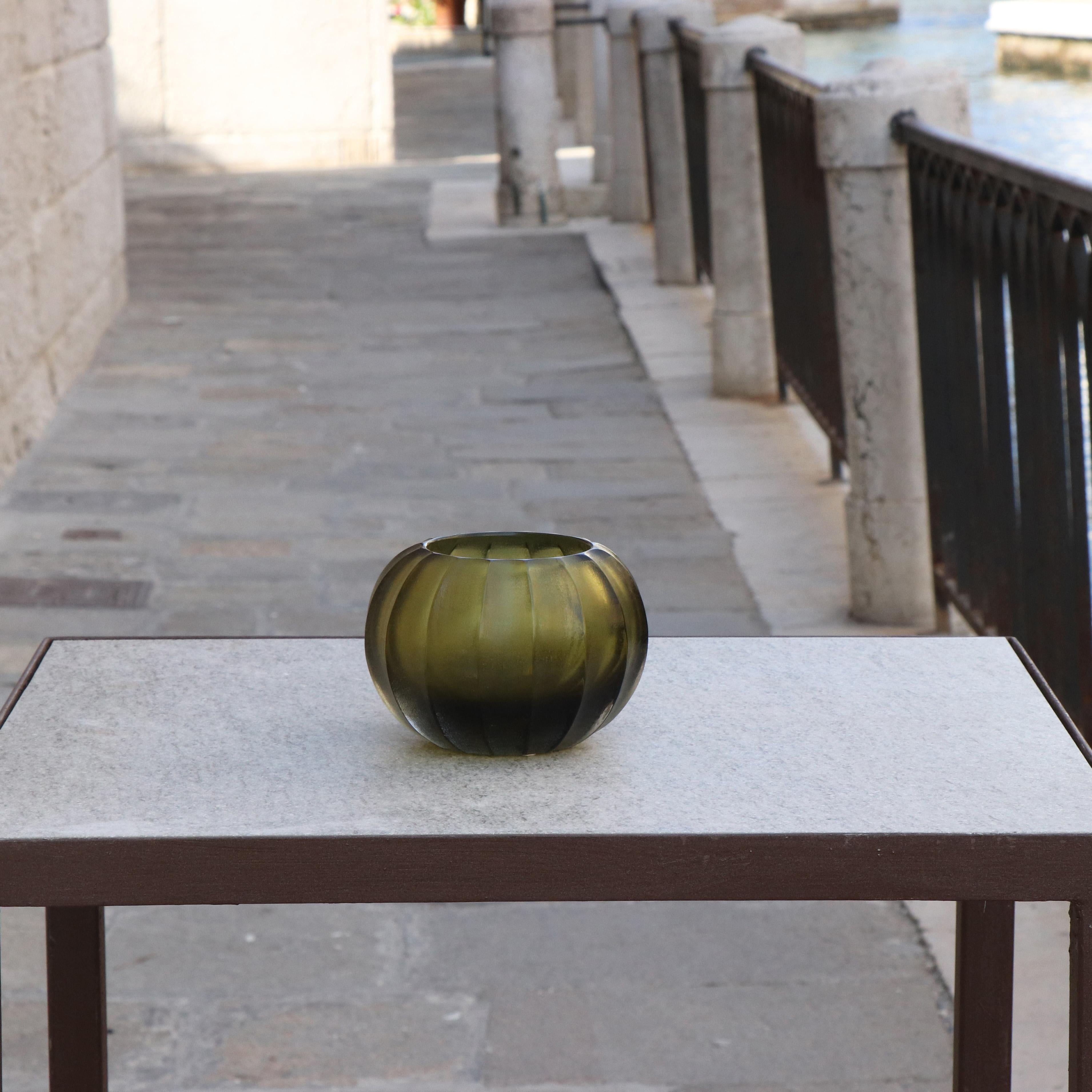 21st Century by Micheluzzi Glass Bocia Olive Green Vase Handmade Murano Glass In New Condition In Venice, IT