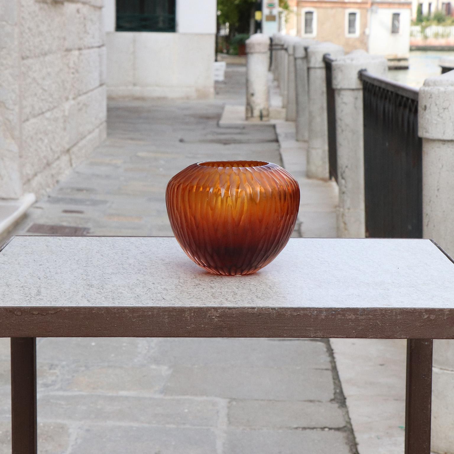 Italian 21st Century by Micheluzzi Glass Goccia Amber Vase Handmade Murano Glass
