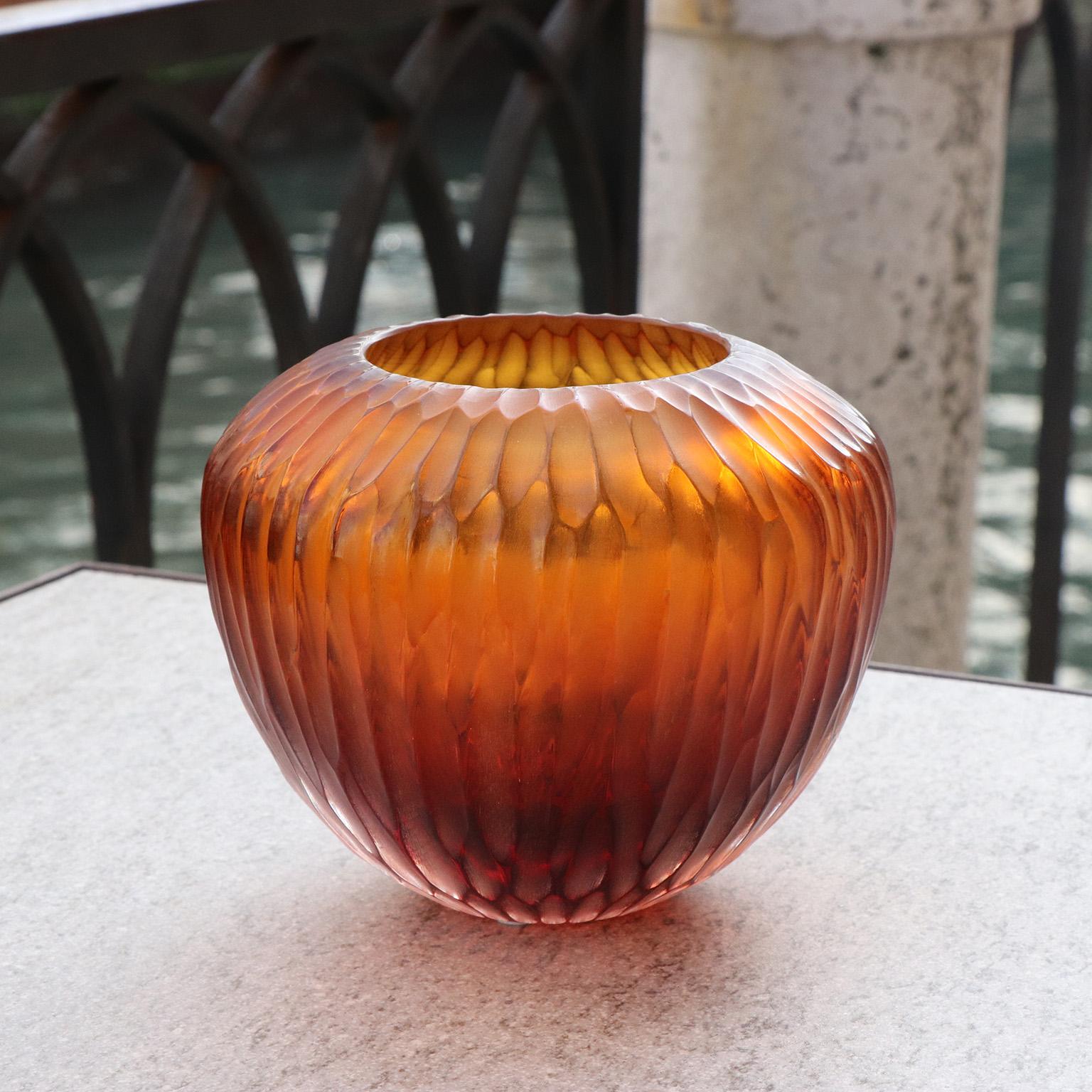 Hand-Carved 21st Century by Micheluzzi Glass Goccia Amber Vase Handmade Murano Glass