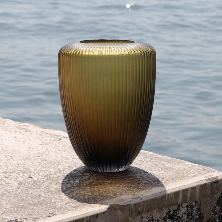 Italian 21st Century by Micheluzzi Glass Goccia Green Vase Handmade Murano Glass